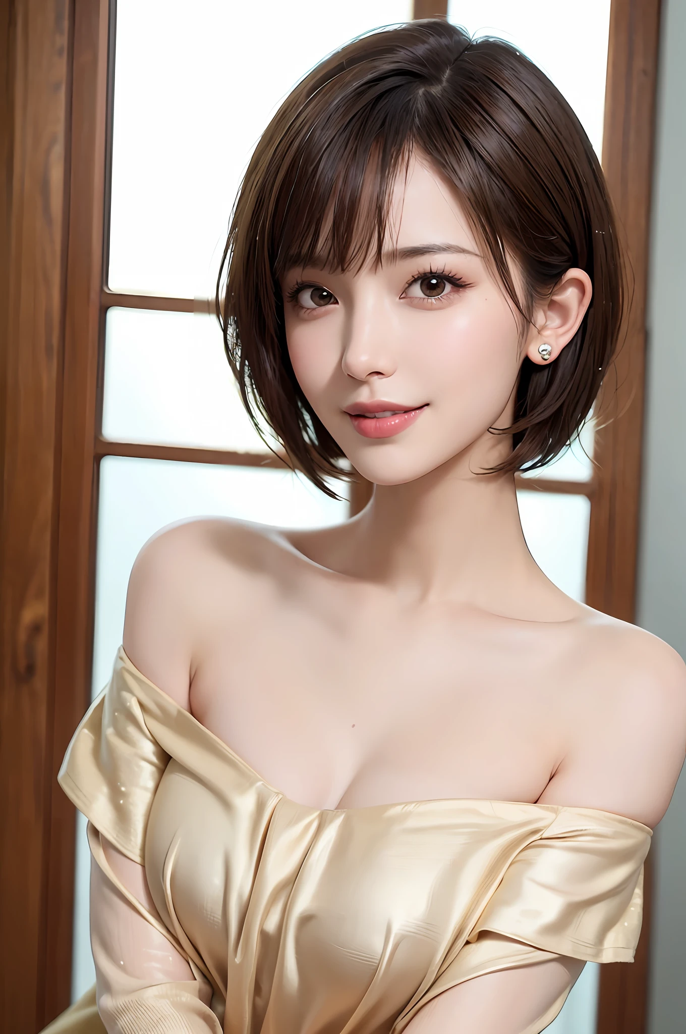 Top Quality, Masterpiece, (Photorealistic: 1.4), One Woman, Short Hair, Best Quality, Masterpiece, (Photorealistic: 1.4), Single Woman, Golden Ratio, Perfect Face, Close Up on Face, Short Bob, Short Hair, Smile from Different Angles, Smile, Glossy, Highlight, Glossy Skin, Wet Skin, Wet, Bangs, Bust, Off Shoulder, Refreshing charm, smile from perfect hand angle, smile, gloss, highlight, gloss on chest, bangs, bust, big, warm color off-shoulder, refreshing charm, put out ears