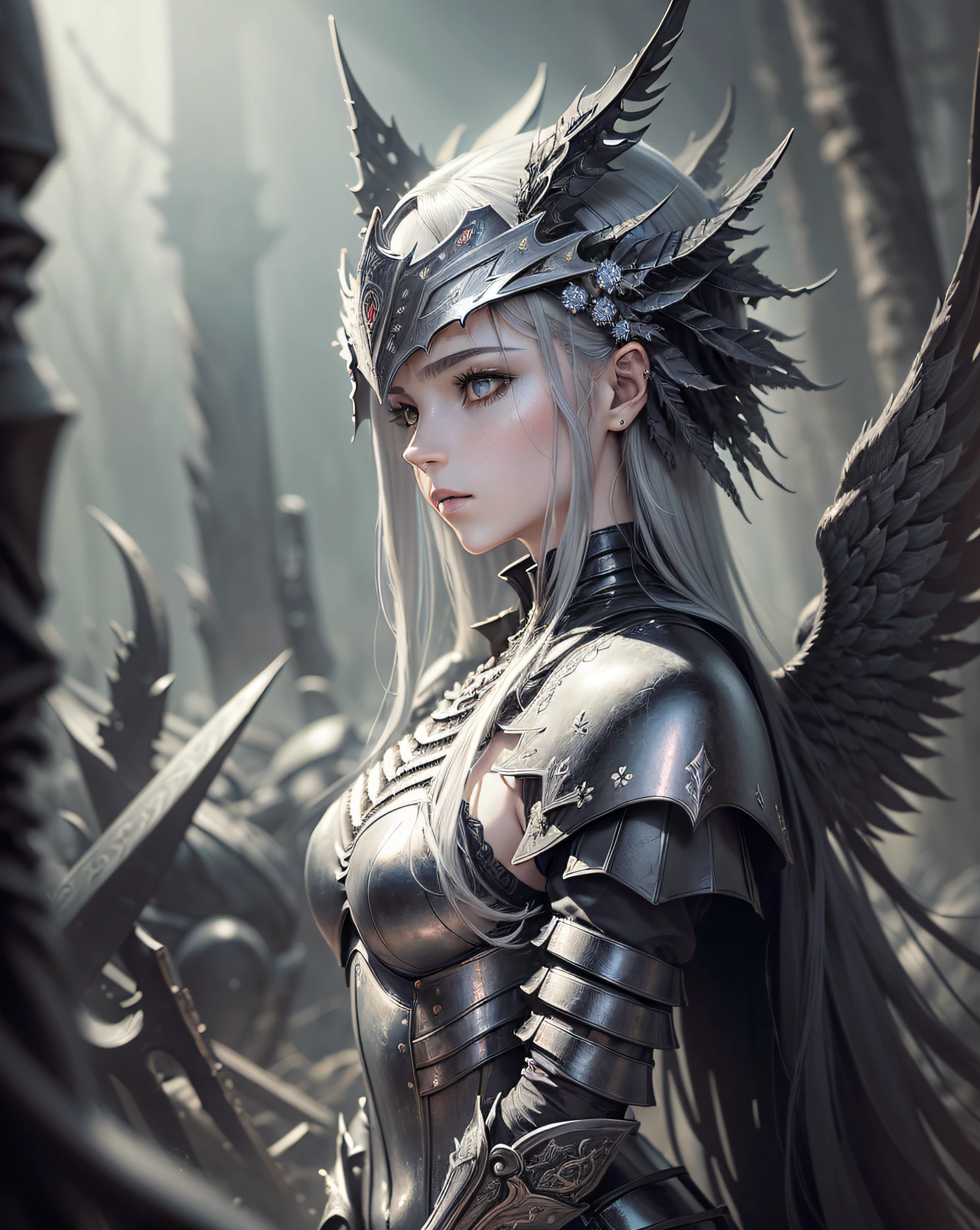 (masterpiece, top quality, best quality, official art, beautiful and aesthetic:1.2), 1girl, (fractal art:1.3), knight clad in black armor overlooking a field of corpses, black angel wings, helmet, silver hair, volumetric lighting, perfect lighting, dark art, horror, gothic, gloomy atmosphere, UHD, extreme detail