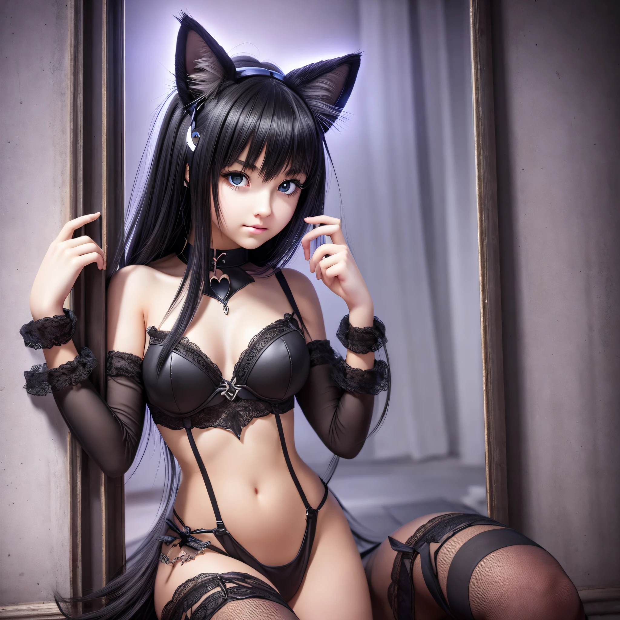 A beautiful 16 year old girl with cat ears, black hair, short double tail, crown, heart-shaped pupils, shyness, tongue sticking out, surrealism, reflected light, UHD, masterpiece, anatomically correct, textured skin, high quality, high resolution --auto --s2