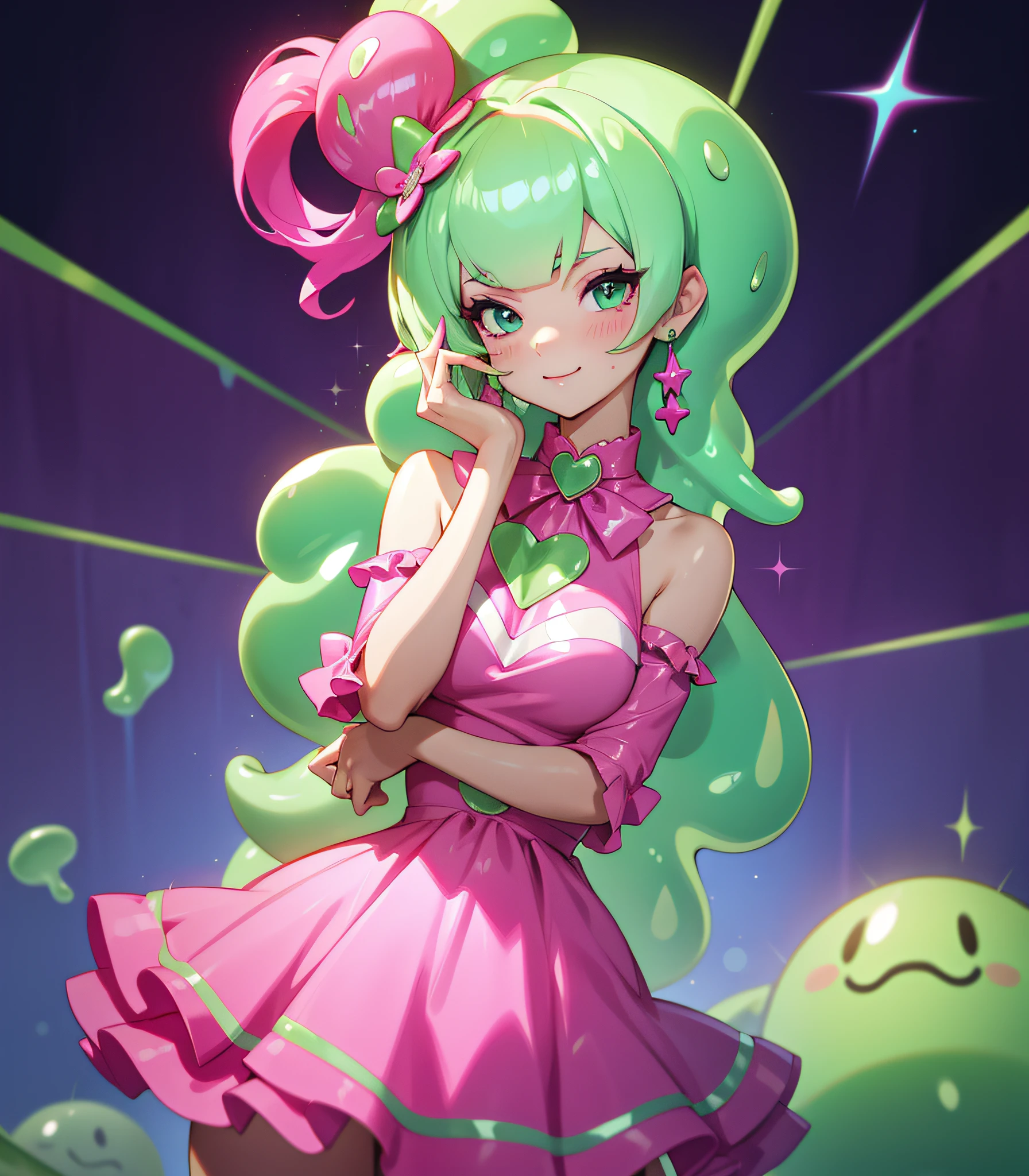 Slime girl, (slime), Slime hair Bouffant hair style, Popstar Pink, Popstar Dress, Masterpiece, Best Quality