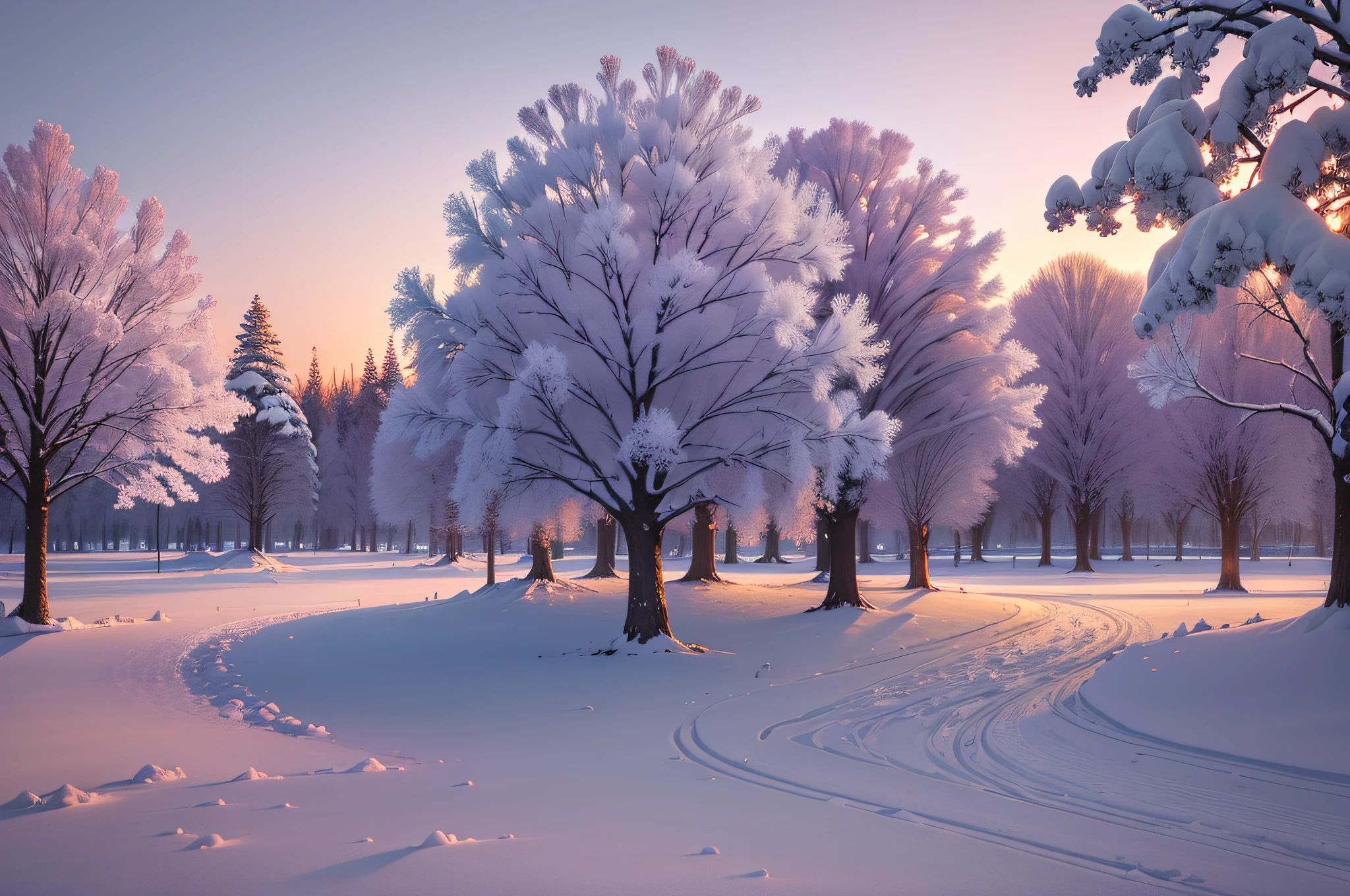 Beautiful natural landscape of city park in winter with fluffy deciduous trees covered with hoarfrost and snow caps at sunset in lilac and pink tones --auto --s2