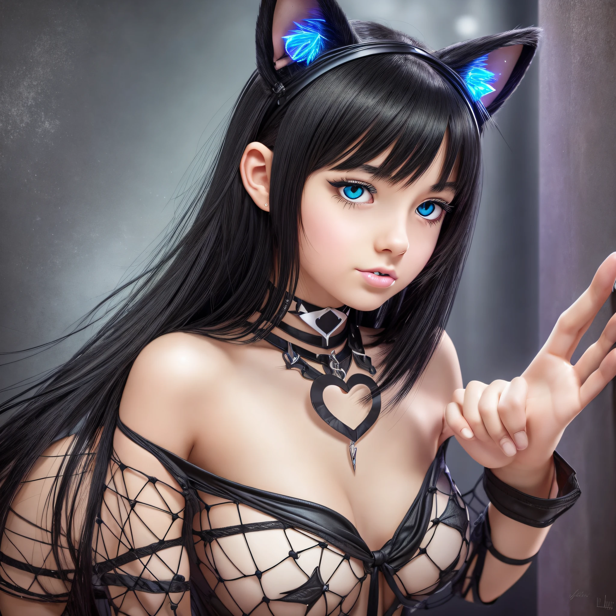 A beautiful girl with cat ears, black hair, short double tail, crown, heart-shaped pupils, shyness, tongue sticking out, surrealism, reflected light, UHD, masterpiece, anatomically correct, textured skin, high quality, high resolution --auto --s2