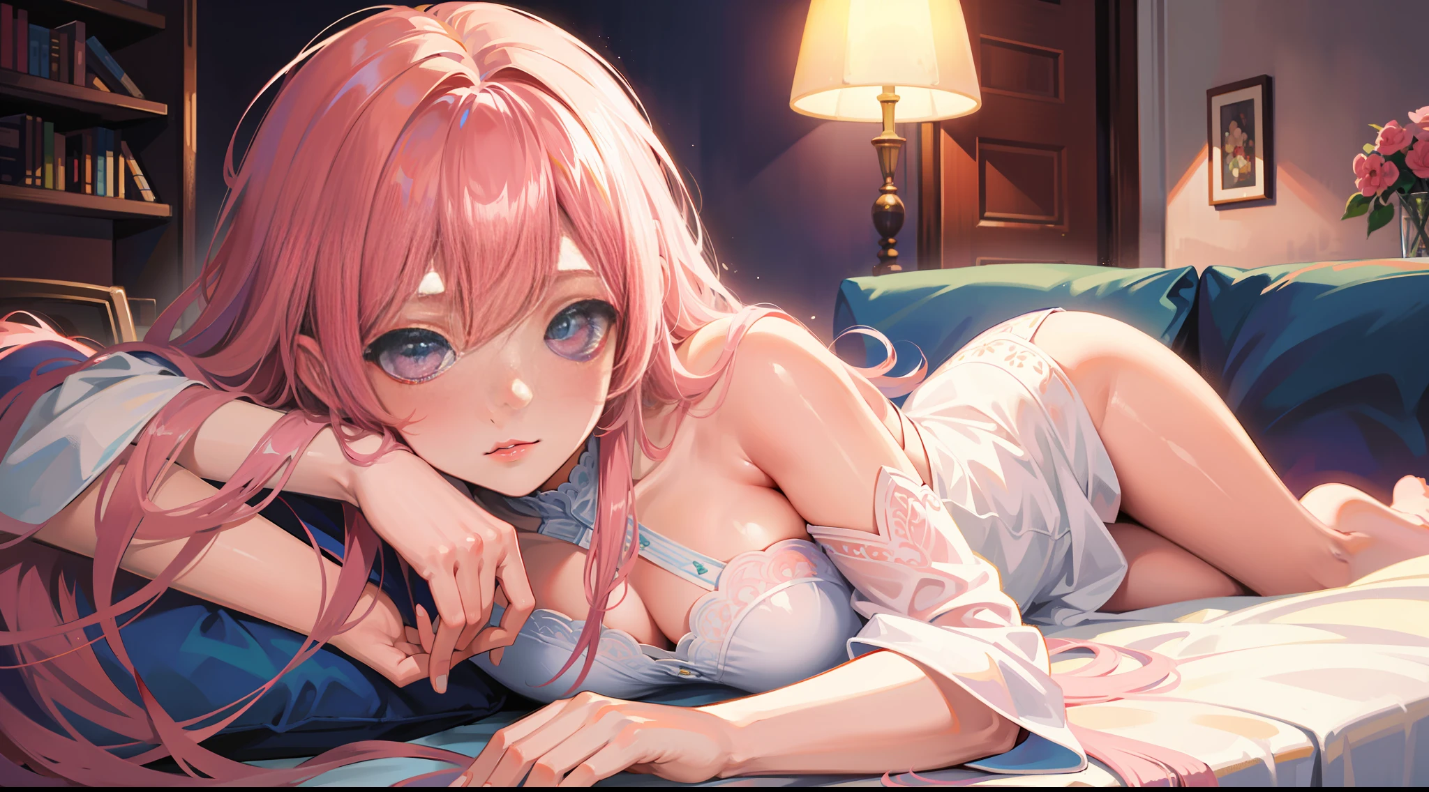 Masterpiece, best quality, super detailed, illustration, beautiful detailed eyes, close up, 1 girl, pink hair, white dress, lying on sofa