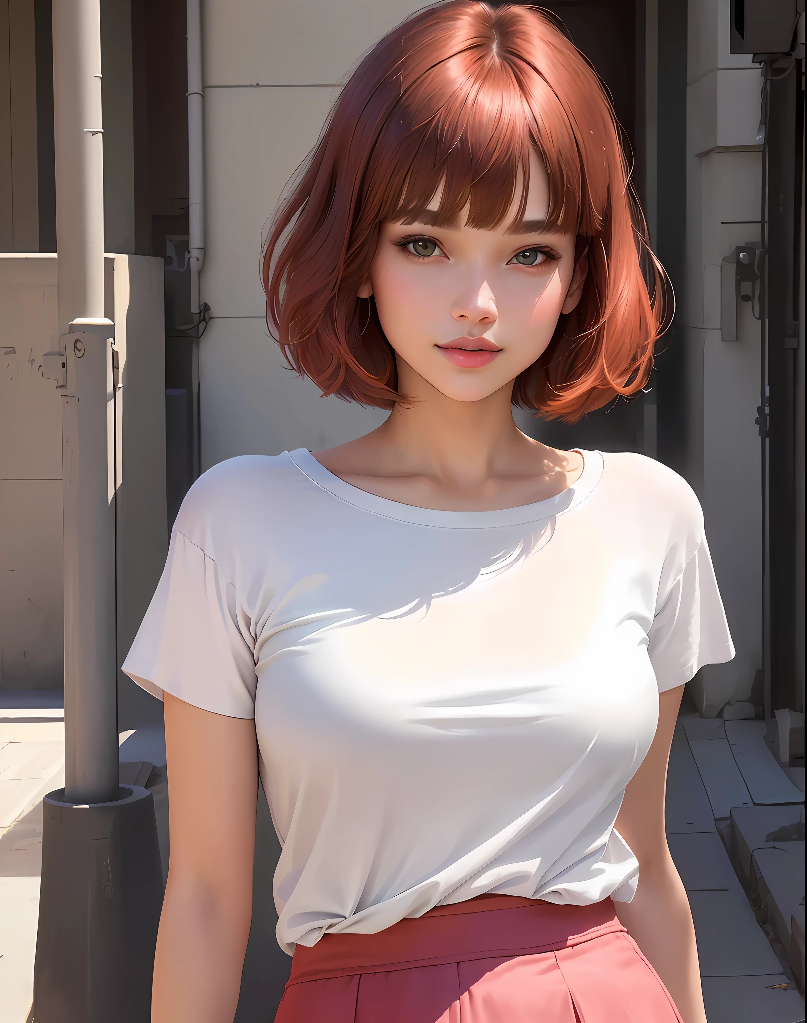 masterpiece:1.2), (realistic, photo-realistic:1.37), 1womam, bangs, straight hair, bob cut, red hair, brown eyes, portrait, pink lip mouth, soft smile, thin, flat-chested, long white t-shirt, midi skirt, street style, looking viewer, upper body, Thai style