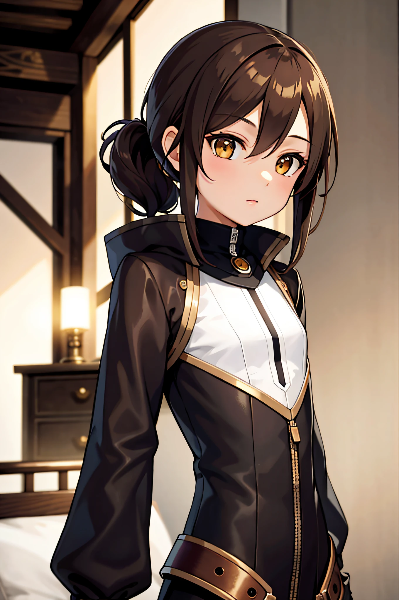 MASTERPIECE, BEST QUALITY, ONE GIRL, GIRL, SLENDER, DARK BROWN HAIR, GOLDEN EYES, SHORT HAIR, FOLDED PONYTAIL, FLAT CHEST, INAZUMA, SERAFUK, STEAMPUNK, COGPUNK GEFORCE RTX 3060
