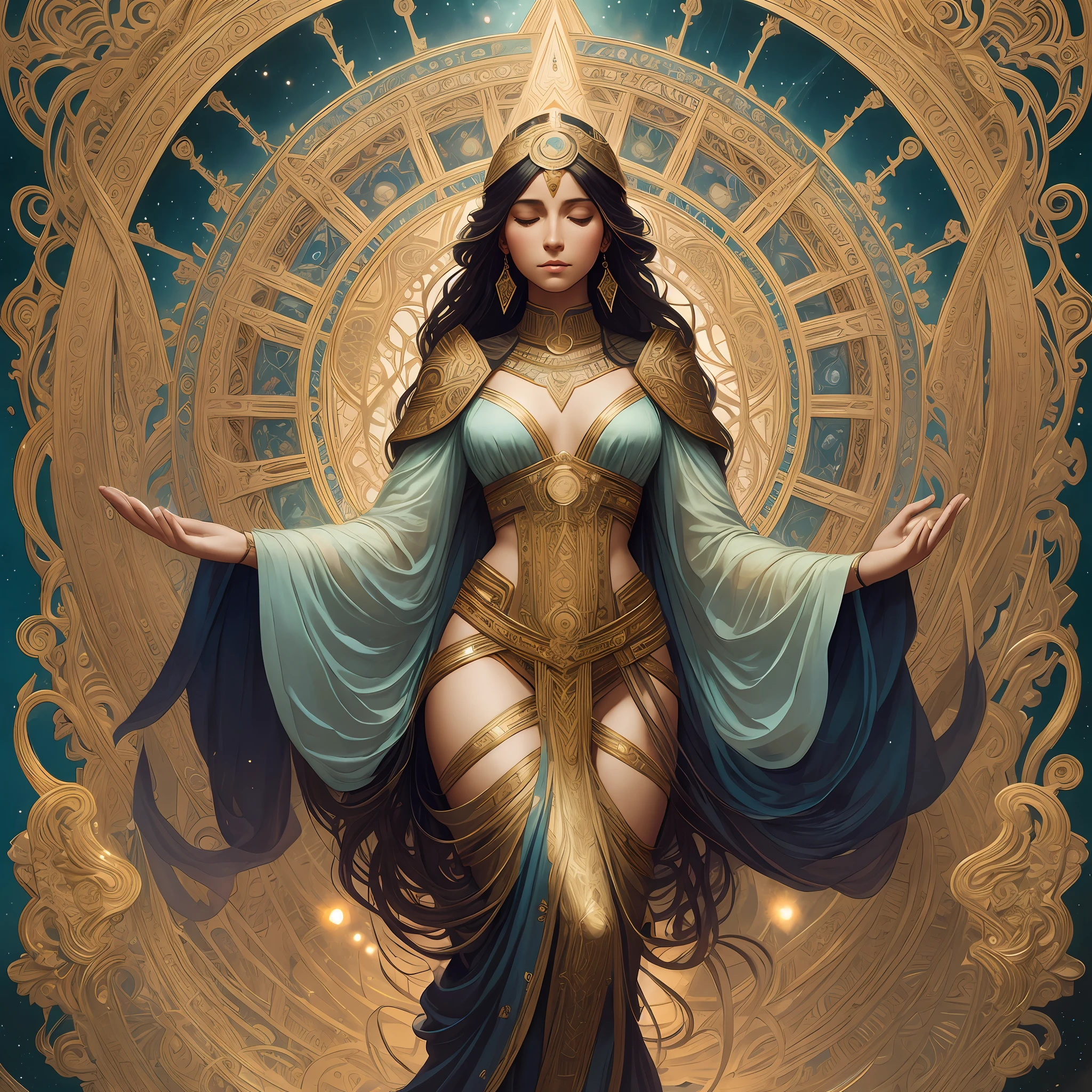 a beautiful latin woman, full body, looking at viewer, symmetric, eyes closed, slight smile, spirtual awakening, intricate details,
cosmic, ethereal, mystical, complicated environment, brush stokes, illuminating lights,
Greg Rutkowski, RHADS, Beeple, Makoto Shinkai, Lois van Baarle, Ilya Kuvshinov, Rossdraws, Tom Bagshaw, Alfonse Mucha,
masterpiece, ultra high res, high quality, --auto --s2