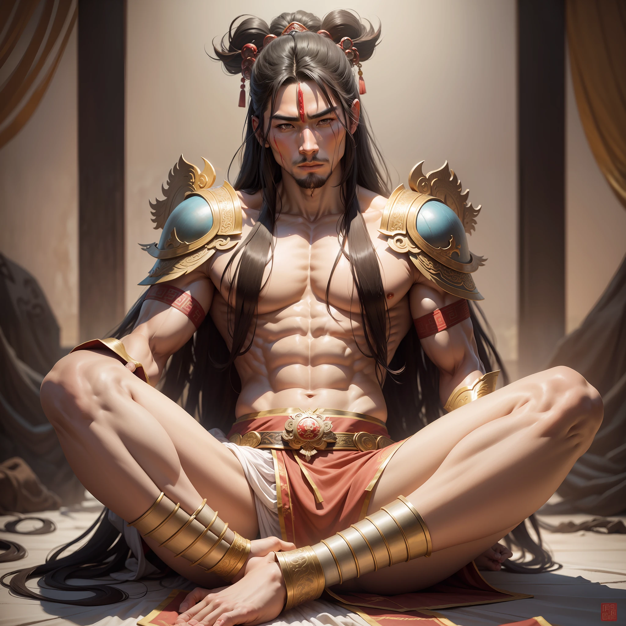 Realistic,Hot muscular Male concubine in the Han dynasty on his knees with legs spread apart, wearing ancient revealing Chinese dress with long hair and masculine features.Battle scars