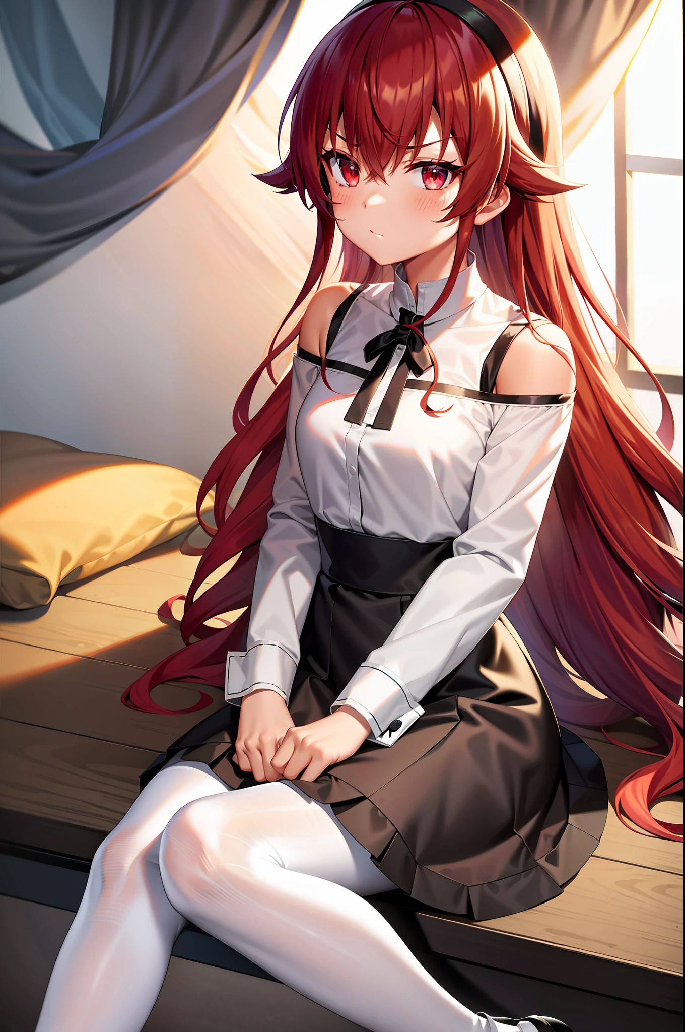 Eris Greyrat, 1girl, ahoge, bangs, bare shoulders, black shoes, black hair band, black skirt, closed mouth, ruffled skirt, ruffles, hair band, long hair, long sleeves, looking at the viewer, pantyhose, red eyes, red hair, shirt, locks, simple background, skirt, solo, plush, very long hair, white pantyhose, white shirt, request for comment, anho, mushoku tensei,  sitting on the bed, illustration, CG, ultra detailed