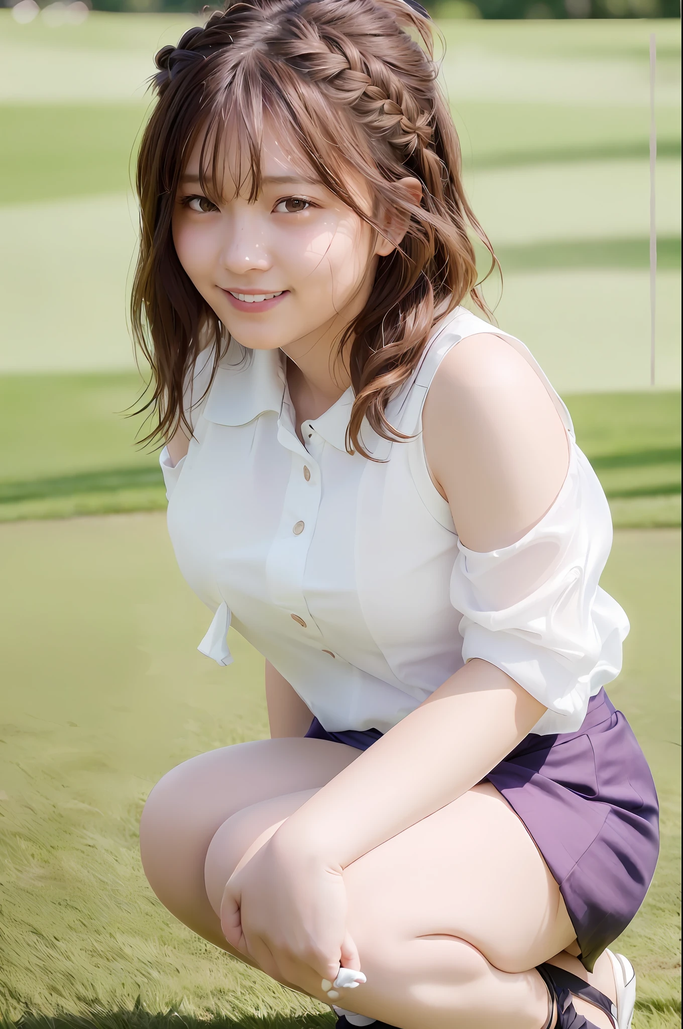 SeaArt Bot
Txt2Img
12:22:42
(skin spots: 1.2), (skin dentation), Black eyes, 1 female, 25 years old, ((((Female))), Solo, Real, Best Quality, Photorealistic, Masterpiece, 8K, High resolution, Solo, Very detailed face, (Professional lighting, Bokeh), (Light particles, Lens flare, Luminous particles: 0.6), (Dynamic Pause: 1.7), Soft lighting, Top angle view, Fashionable and trendy atmosphere, Golf course, ((daytime)), Sky, ((Viewers: 1)), (Watching the camera), (Portrait: 0.6), Gorgeous, standing, keep the original facial proportions, Wide shoulders, Full body, (huge breasts), Too huge breasts, (short hair), Brown hair, Floating hair, Braided hair, Lips, Lipstick, Seductive smile, Floating hair, Braided hair, Smile, open_mouth, teeth, ((cute women's golf wear)), (ruffled tops)), (sleeveless), (checked miniskirt)), ((wheat-colored skin))), sun visor, eyelashes, moles, (moles under the eyes: 1), ((squatting with crotch))
