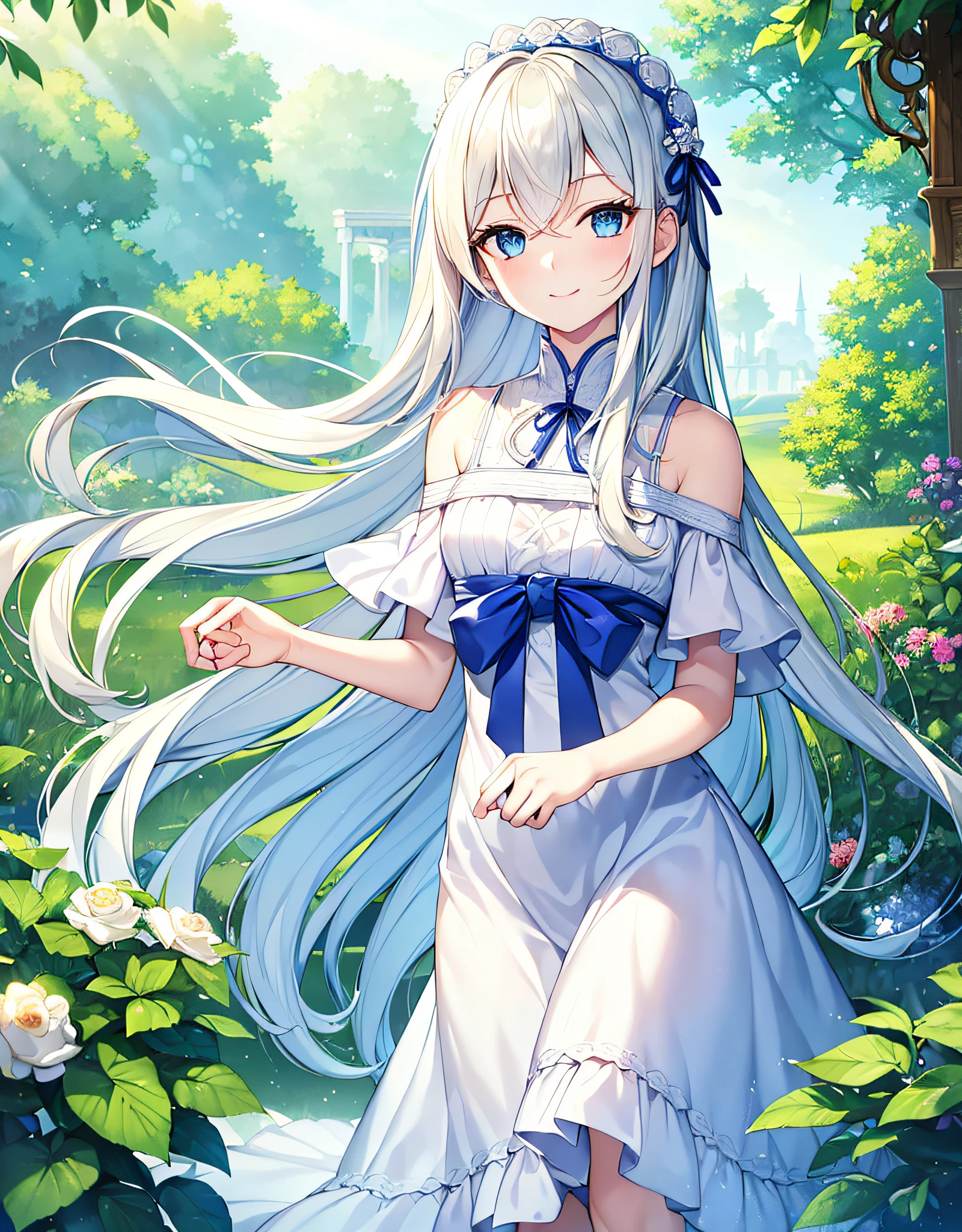 ((Best Quality, Masterpiece)),Botanical Garden,Blue Sky,Pale Blonde,Long Hair,Long Eyelashes,Light Blue Eyes,Smile,Ribbon in Hair,Gentle Look,Bangs Bangs Bangs,White One Shoulder Dress