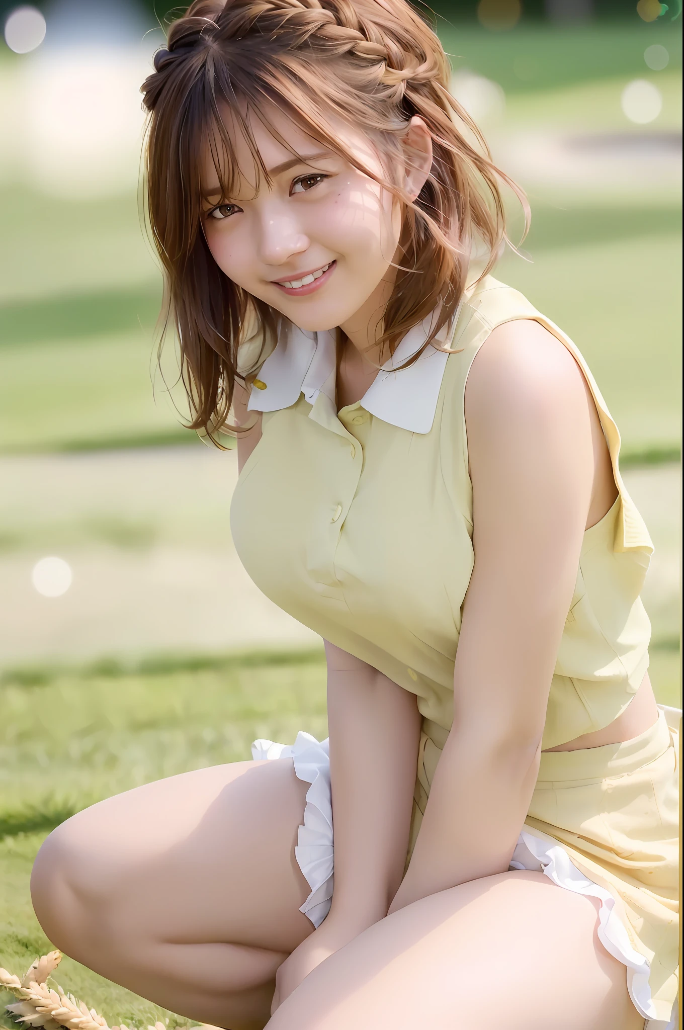 (skin spots: 1.2), (skin dentation), Black eyes, 1 female, 25 years old, ((((Female))), Solo, Real, Best Quality, Photorealistic, Masterpiece, 8K, High resolution, Solo, Very detailed face, (Professional lighting, Bokeh), (Light particles, Lens flare, Luminous particles: 0.6), (Dynamic Pause: 1.7), Soft lighting, Top angle view, Fashionable and trendy atmosphere, Golf course, ((daytime)), Sky, ((Viewers: 1)), (Watching the camera), (Portrait: 0.6), Gorgeous, standing, keep the original facial proportions, Wide shoulders, Full body, (huge breasts), Too huge breasts, (short hair), Brown hair, Floating hair, Braided hair, Lips, Lipstick, Seductive smile, Floating hair, Braided hair, Smile, open_mouth, teeth, (((cute women's golf wear)), (ruffled tops)), (sleeveless), (checked miniskirt)), (((((wheat colored skin))), sun visor, eyelashes, moles, (moles under eyes: 1), (squatting (crotch open))