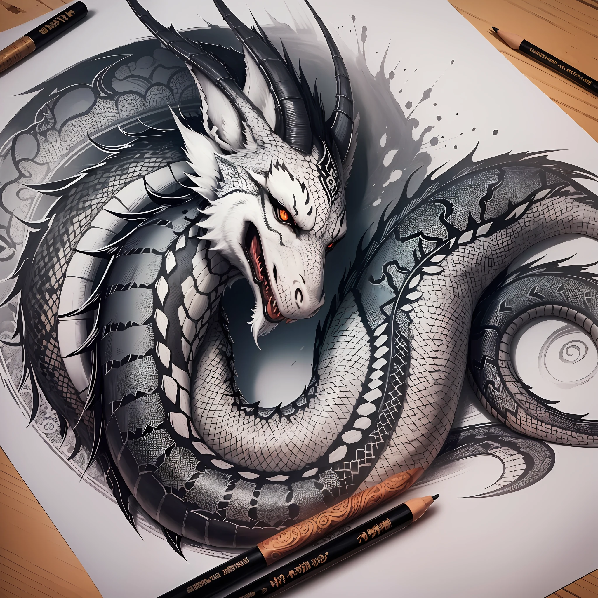 Drawing of a dragon in oriental style for tattoo, drawing with pencil sketch style, black and white --auto --s2