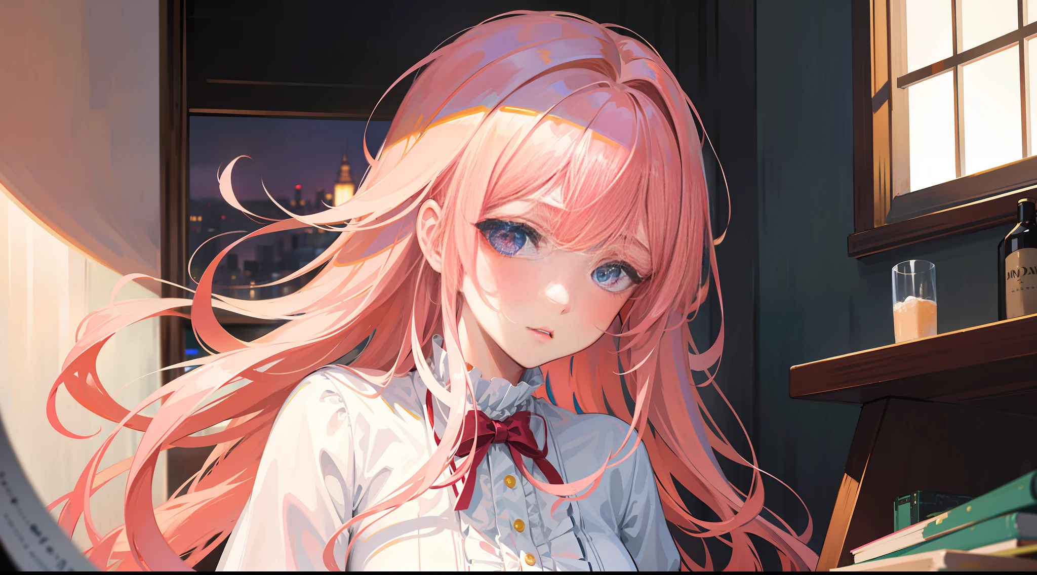 Masterpiece, best quality, ultra detailed, illustration, beautiful detailed eyes, close up, 1 girl, pink hair, white dress, in the room, standing, panicked expression
