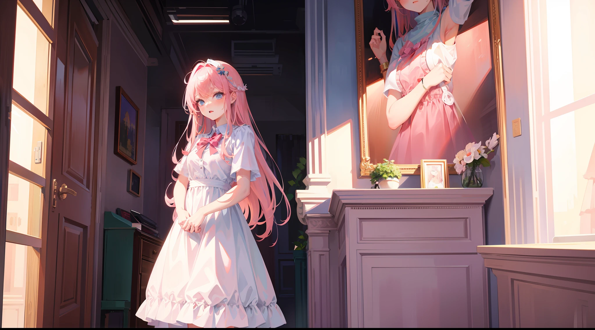 Masterpiece, best quality, ultra detailed, illustration, beautiful detailed eyes, close up, 1 girl, pink hair, white dress, in the room, standing, panicked expression