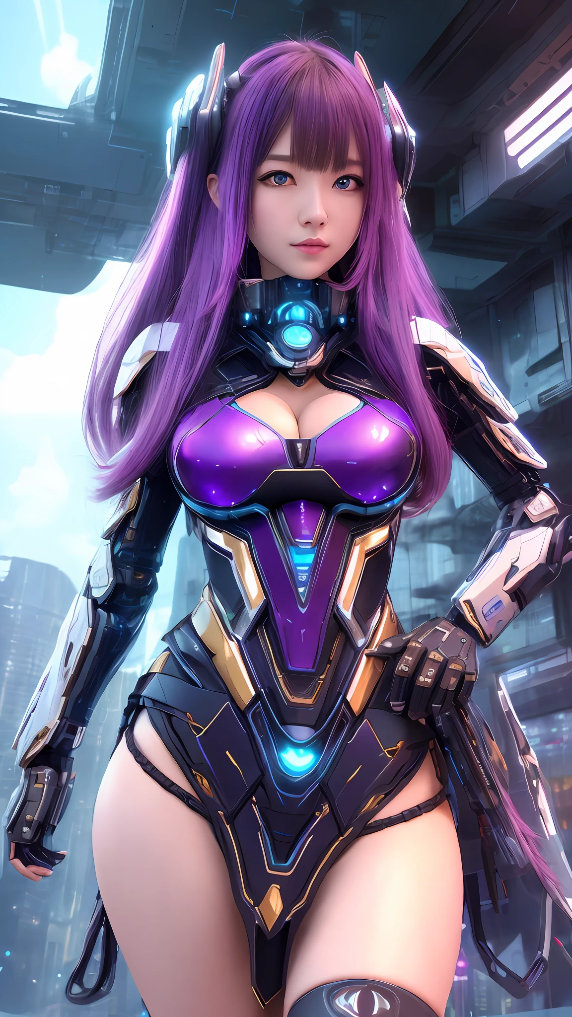 (8k, masterpiece, best quality), ultra-detailed, detailed beautiful round eyes, beautifully detailed face, high quality, high resolution, mecha girl wearing sexy ninja outfit, massive breast, (see-through dress:1.2), mecha, space, spaceship, perfect ass, perfect boobs, perfect face, perfect body, nighttime, sexy body, purple hair, mature women, hands on, (long hair:1), female mecha, cyberpunk, planet background