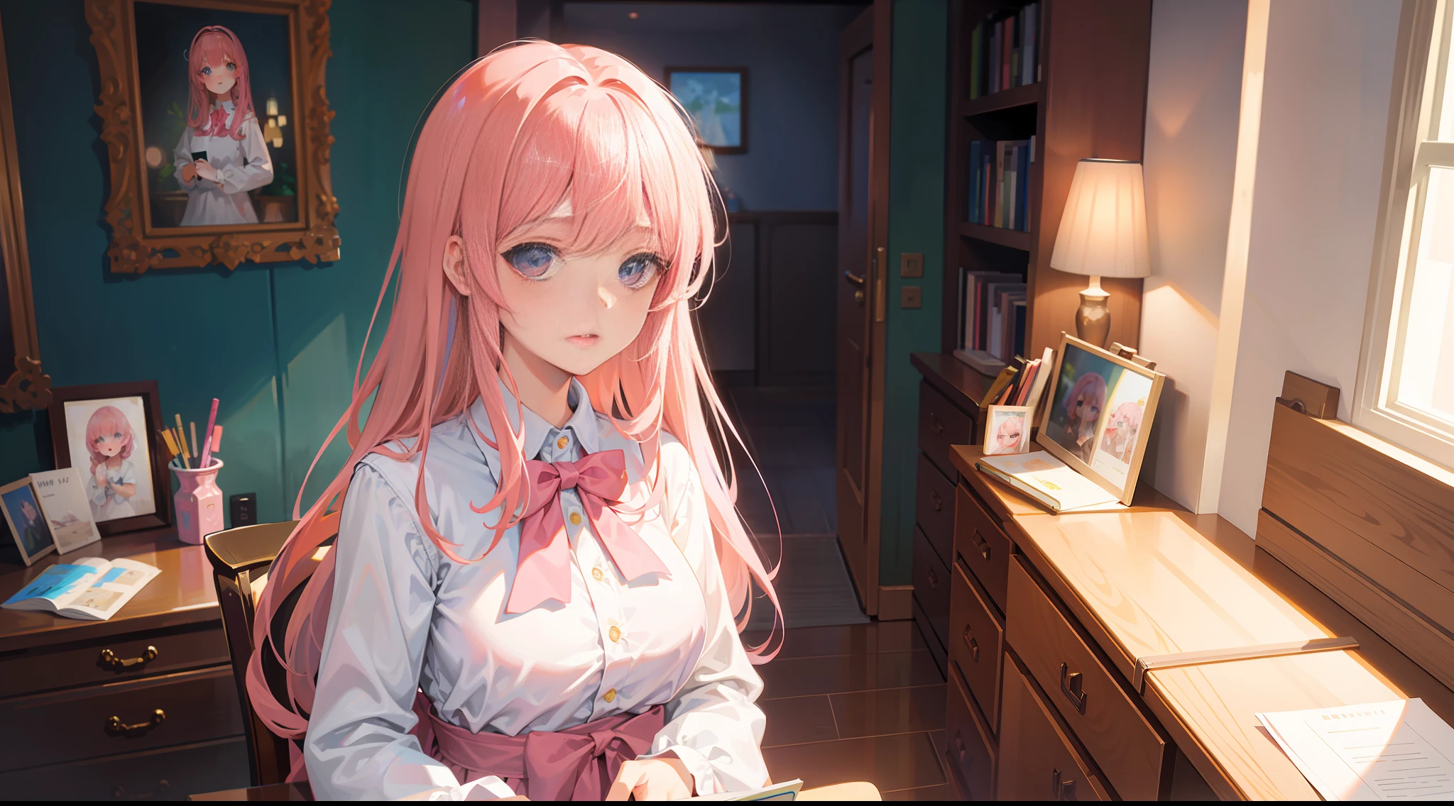 Masterpiece, best quality, ultra detailed, illustration, beautiful detailed eyes, close up, 1 girl, pink hair, white dress, in the room, standing, panicked expression