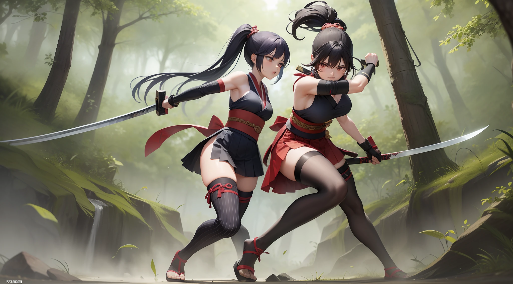 Full body shot of two kunoichi locked in an intense battle, wielding katana with deadly intent. They have long loose hairstyles as they clash in traditional sleeveless kimonos, cinched at the back hip by striking obis. The fighters are adorned with black thin long gloves at their two hands, pleated skirts, and black thigh highs at their two legs. The battle takes place in a dense and lush forest.