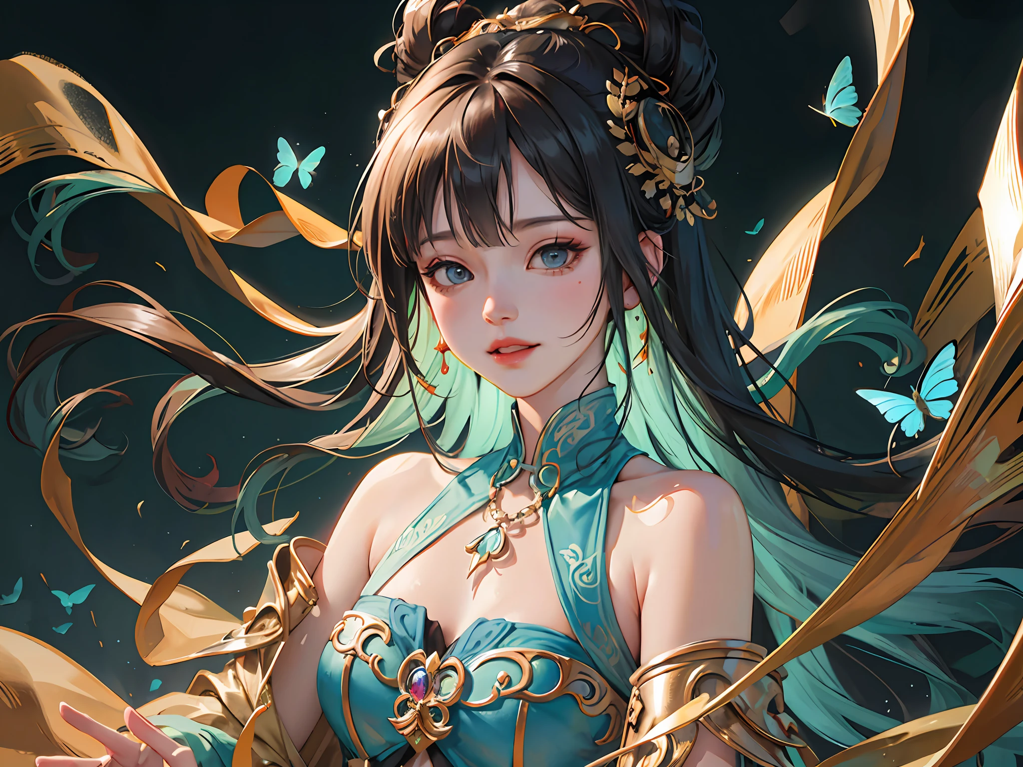 (RAW Photo, Best Quality), (Realistic, Photo Real: 1.3), Best Quality, Highly Detailed, Masterpiece, Ultra Detailed, Illustration, 1 Girl, upper_body, Dynamic Angle, World Mastery Theater, messy_long_hair, Best Quality, Extremely Detailed CG Uniform 8k Wallpaper, Ink, Amazing, Sexy, Smile, Movie Lights, lens_flare, dunhuang_style, surrounded by blue butterflies, hinata/(boruto/), blunt bangs, long hair