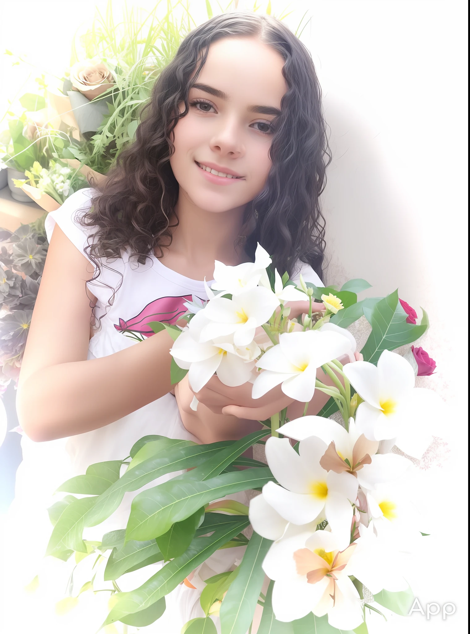 There is a young woman holding a bunch of roses in her hands, with flowers, holding a flower, holding flowers, holding magical flowers, flowers grow from the body, picking up a flower, she is about 1 , with flowers and plants, adorned with all kinds of plants, sitting with flowers, next to a plant, flowers on the cheeks of the heir