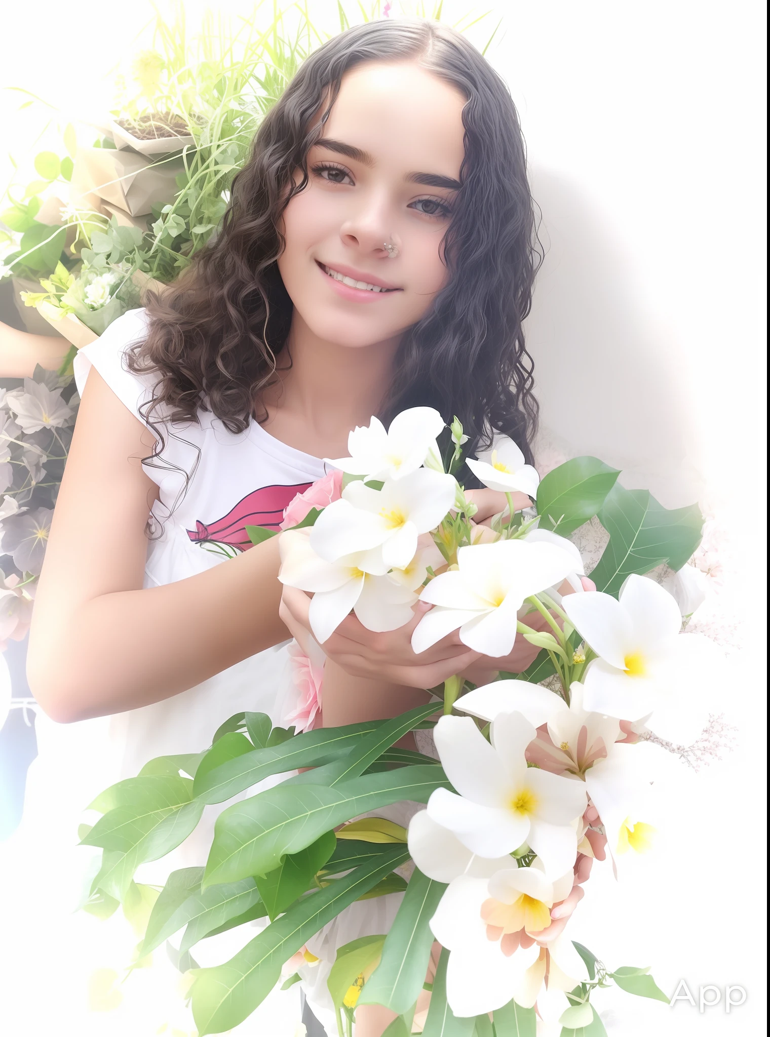 There is a young woman holding a bunch of roses in her hands, with flowers, holding a flower, holding flowers, holding magical flowers, flowers grow from the body, picking up a flower, she is about 1 6 years old, with flowers and plants, adorned with all kinds of plants, sitting with flowers, next to a plant, flowers on the cheeks of the heir