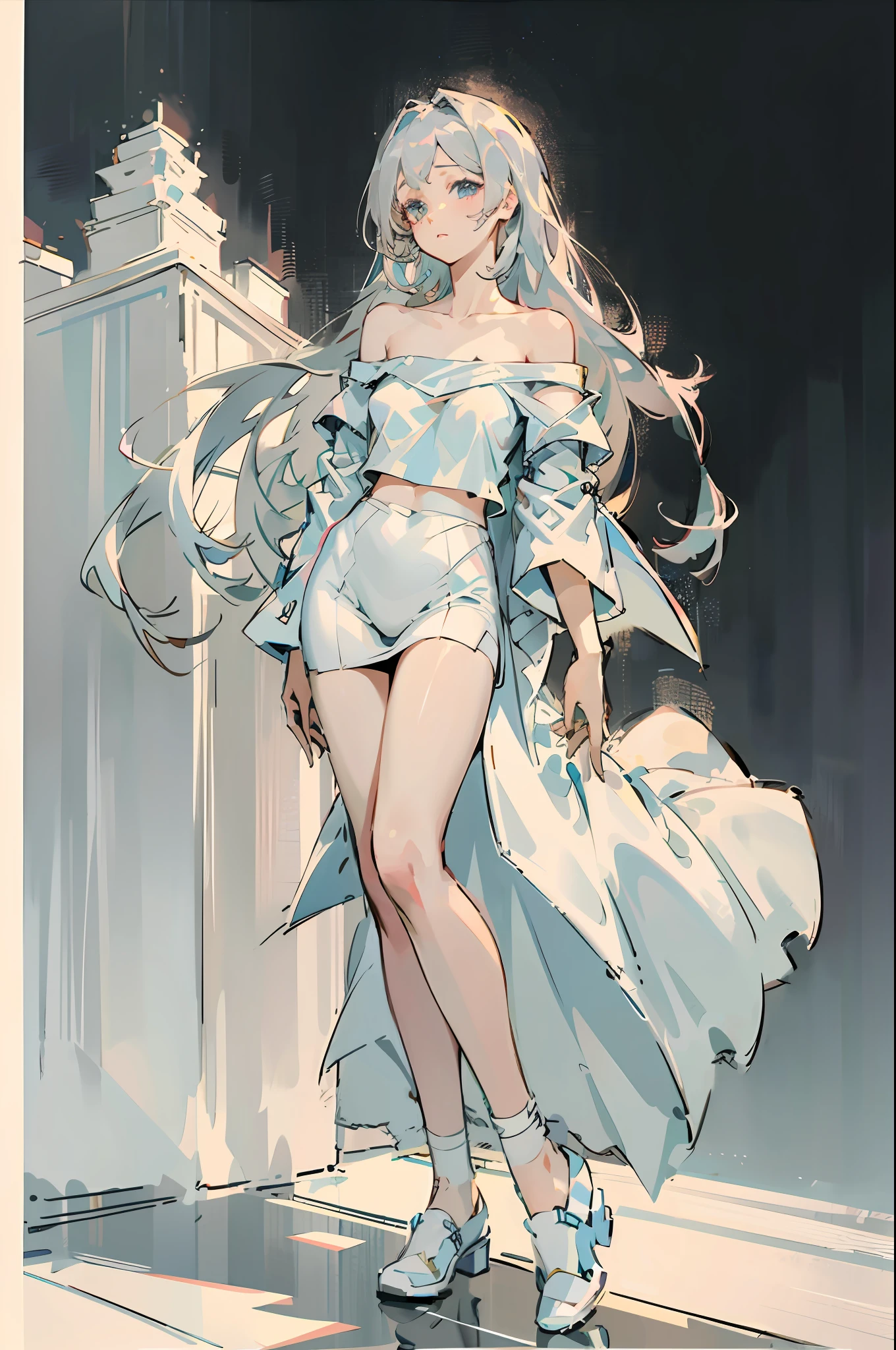 White mini skirt, swaying upwards, (best quality), (masterpiece), (high resolution), professional lighting, full body focus, night terrace, detailed background, one girl, (beautiful face: 2), fine skin, long straight silver hair, sky blue eyes, (oversized clothes, white t-shirt: 1.5), (off-shoulder: 1.2), (medium beast: 1.35),
