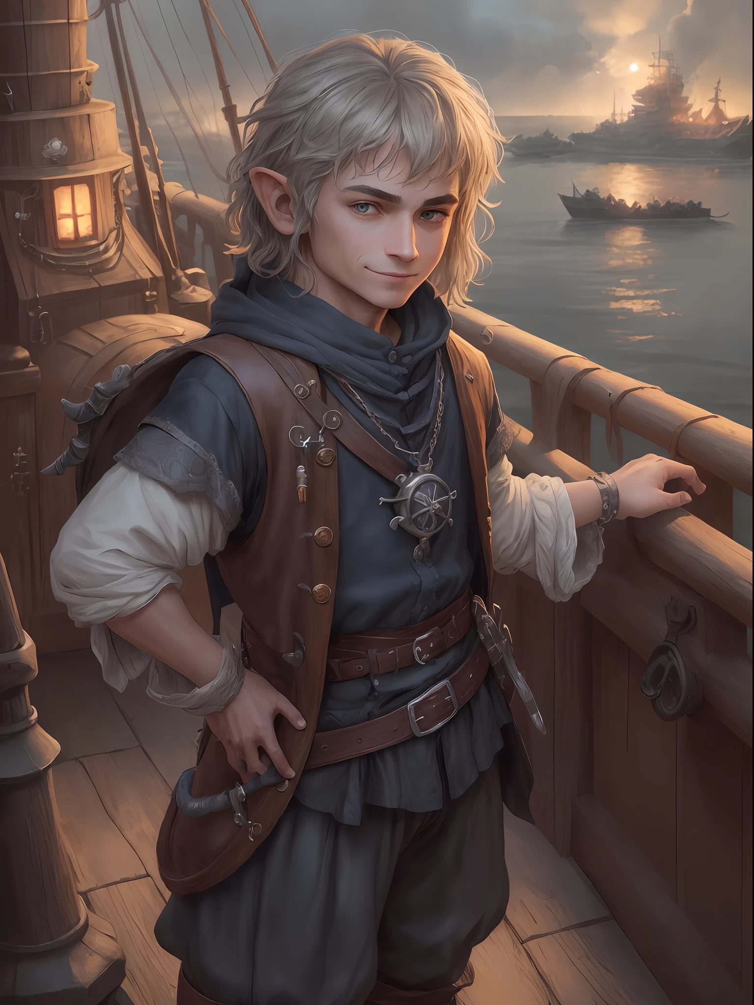 (highly detailed RAW color photo, masterpiece, ultra detailed), (pirate fantasy theme:1.2), (full body:0.9), solo, 1hobbit male (Hobbit:1.3), age, handsome, (((small smile1:1)))), very thin, short in height, short light white curly hair, light eyes, (detailed eyes and detailed face), looking at the viewer, wearing a navy blue novice sailor uniform with copper details, winter night in the background, standing (aboard a ship:1.6), leather and cold winter skin (cold clothes:1.3), beautiful night of overcast sky (fog: 1.2) (rain: 1.1) (winter: 1.4) (masterpiece: 1.2) (illustration: 1.1) (best quality: 1.2) (detailed) (intricate) (8k) (HDR) (wallpaper) (cinematic lighting) (sharp focus) (photography, soft sky lighting, soft details, artstation trend, ultra high detail, ultra realistic, cinematic, 16k, digital art, Dungeon and Dragons-inspired art)
