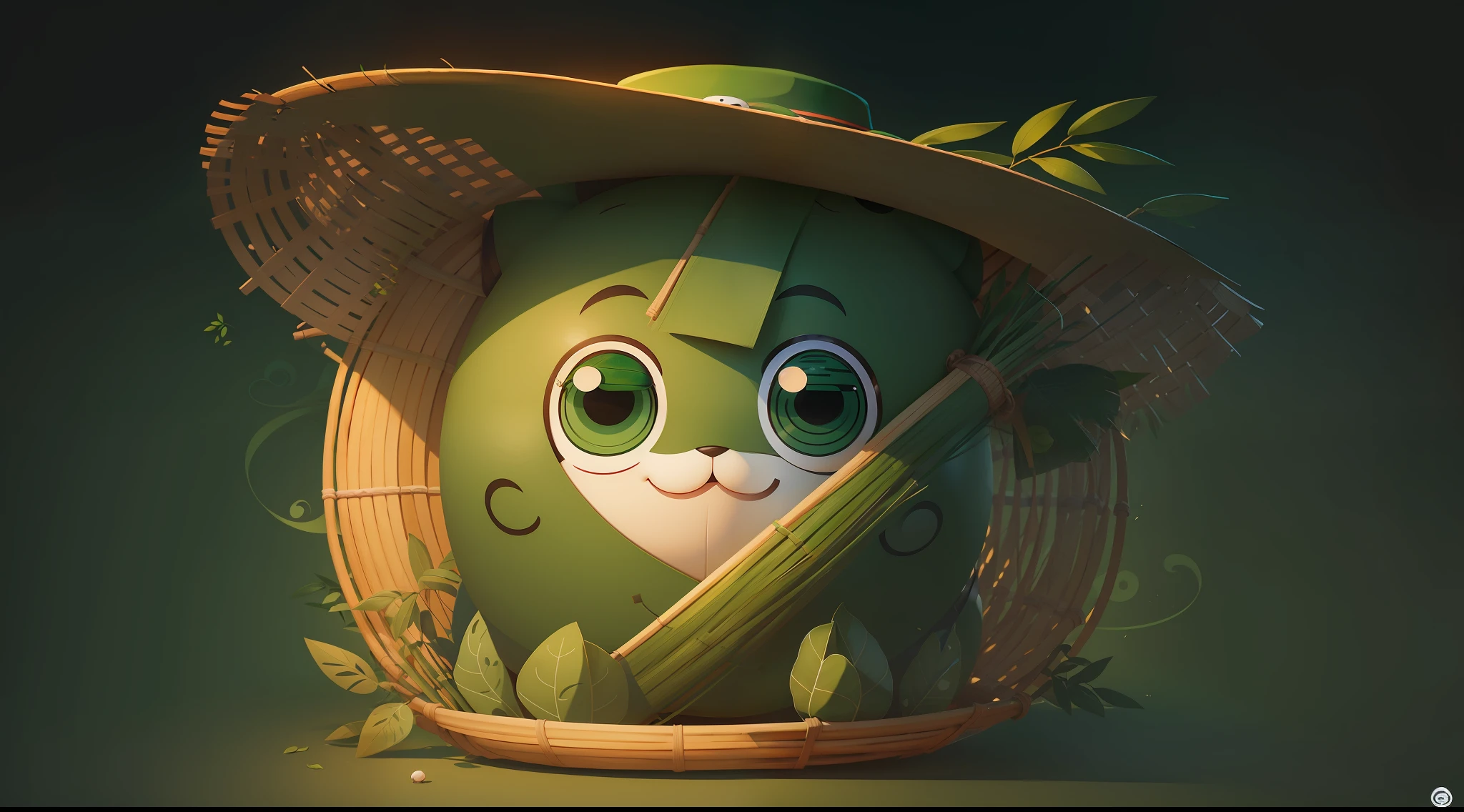 a cartoon anthropomorphic zongzi in a green hat with bamboo leaves, Cute, super cute, big round eyes, happy laugh， in the style of he jiaying, movie poster, soft and rounded forms, mike campau, detailed costumes, cartoon realism, close-up, --auto --s2