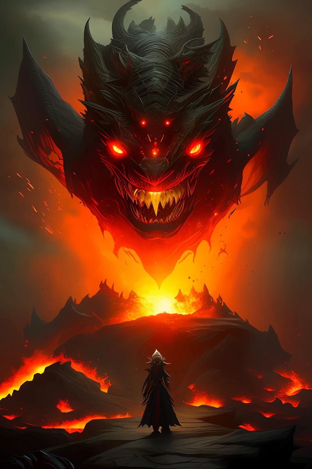 Tiamat, no humans, dragon, open mouth, seven headshorns, cloud, sky, teeth, monster, sharp teeth, scales, red eyes, soil, fangs, tongue, in space
