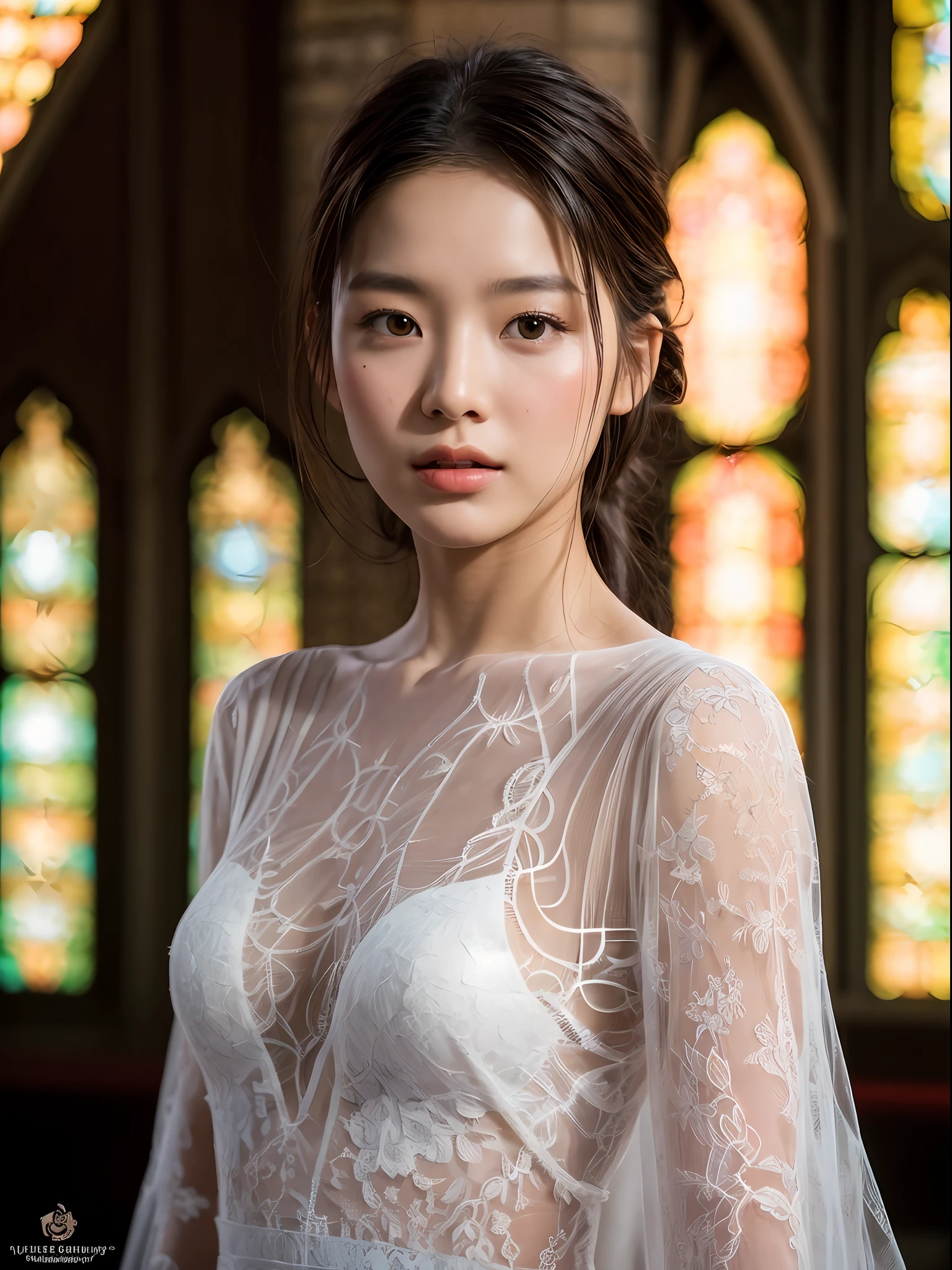 Ashleigh Emmalee, very young, beautiful, 8k, , (1girl:1.2), whole body, far angle camera, wear fashionable lace wedding dress: 0.75, different design weeding dress, nude, , in a church, elegant poses, dynamic shot, masterpiece, best quality, ultra-detailed, ultra realistic:1.5, photorealistic:1.5 , analog style, bokeh, skin pores, (skin texture), (film grain:1.3), (warm hue, warm tone:1.2), cinematic light, sidelighting, ultra high res, best shadow, RAW, upper body, photoshoot by DSLR, Fujifilm XT3, medium full shot