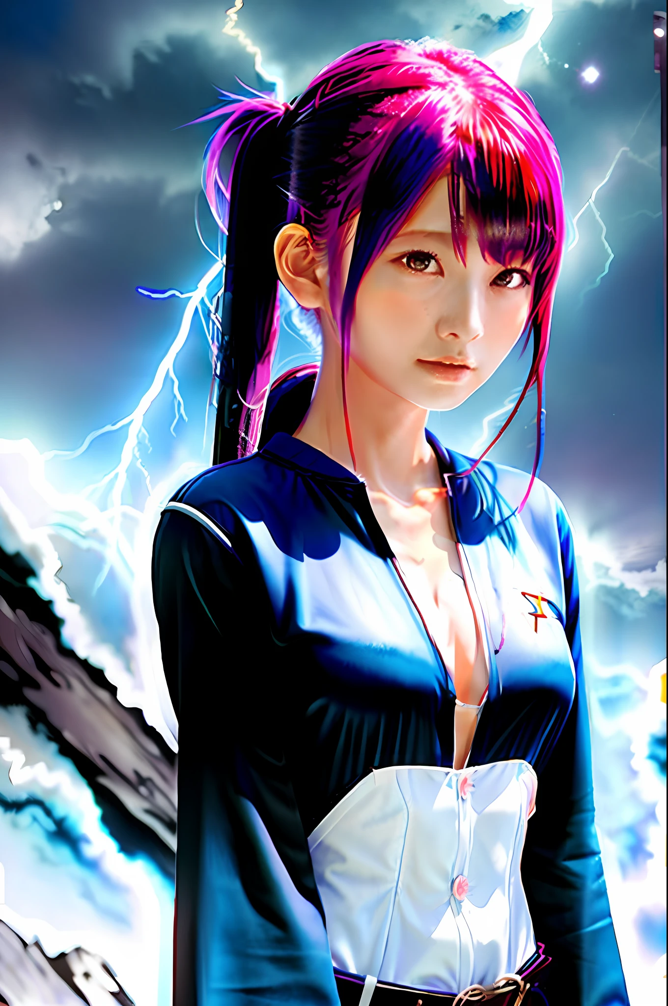 (Masterpiece), Live Action, (photo_\(medium\):1.0), One Girl, Lightning, In a Surreal Landscape, Watercolor, Brush Strokes, Unbuttoned Style, Orange Eyes, Ponytail, Black Hair, Cyberpunk, Japanese Clothing