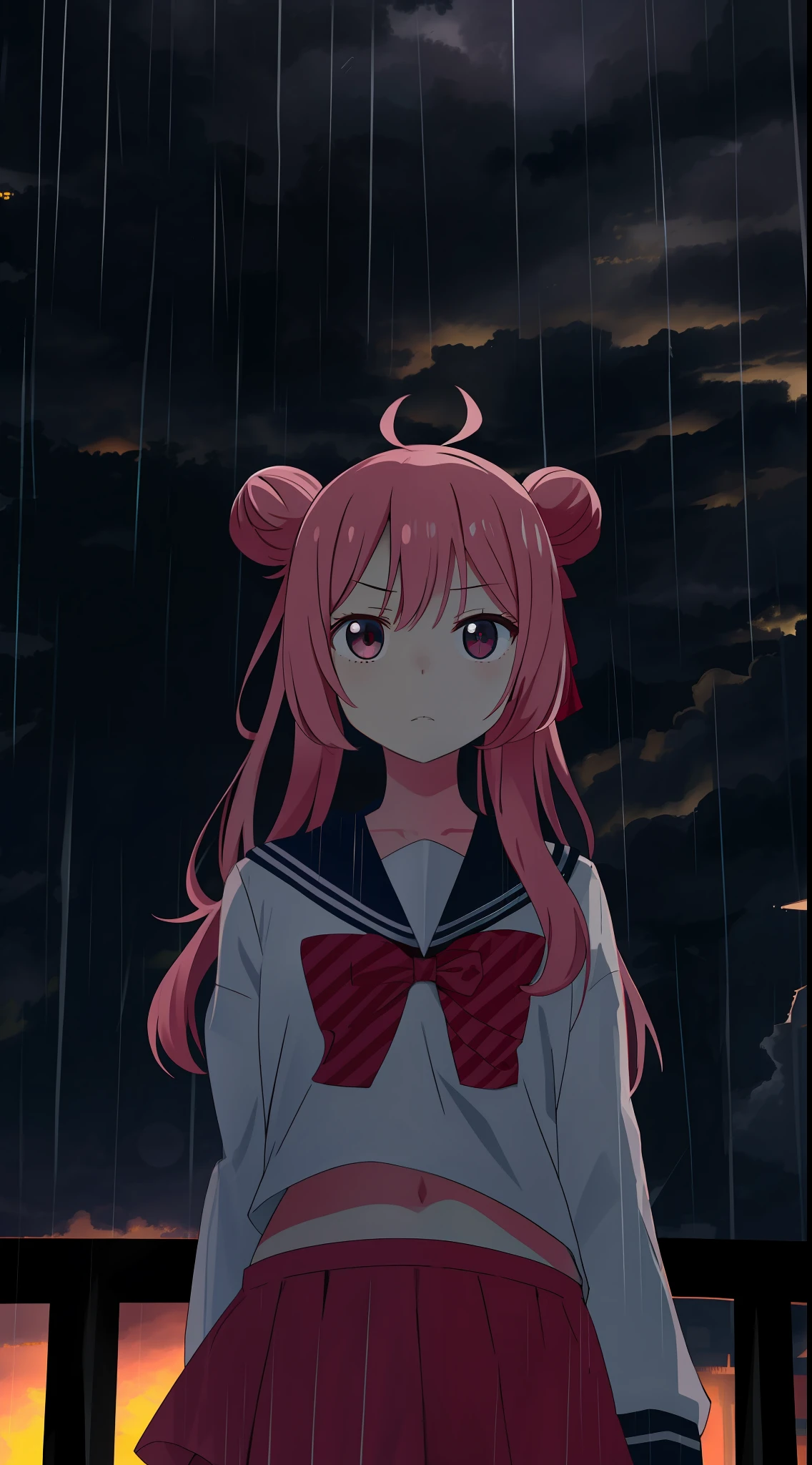 masterpiece, best quality, looking at viewer, facing viewer, bare legs, 1girl, solo, upper body, bow, serafuku, disgusted face, night time, raining, outdoors, city, belly out, navel