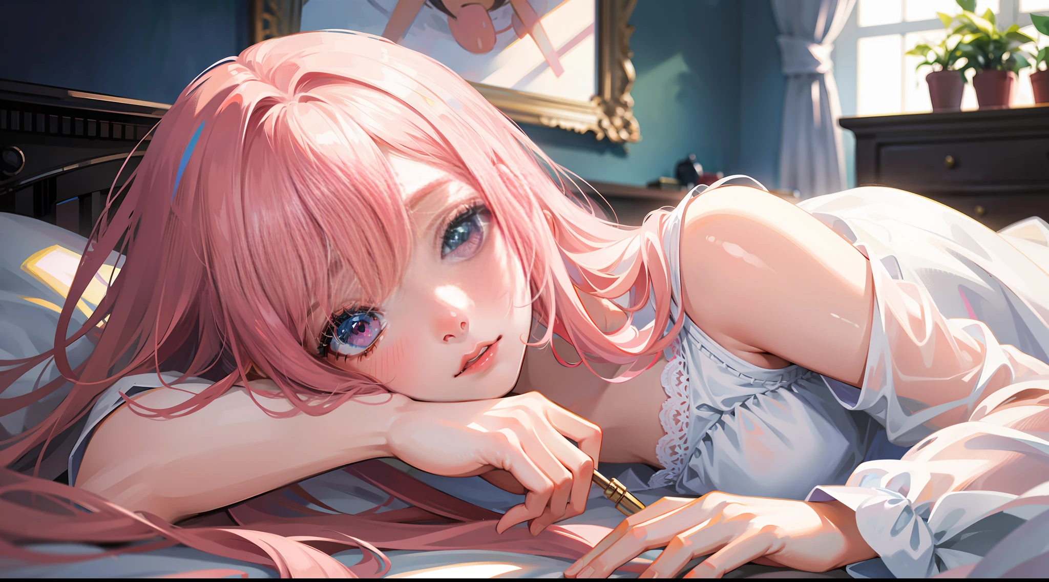 Masterpiece, best quality, super detailed, illustration, beautiful detailed eyes, close up, 1 girl, pink hair, white dress, in the room, head down, few clothes