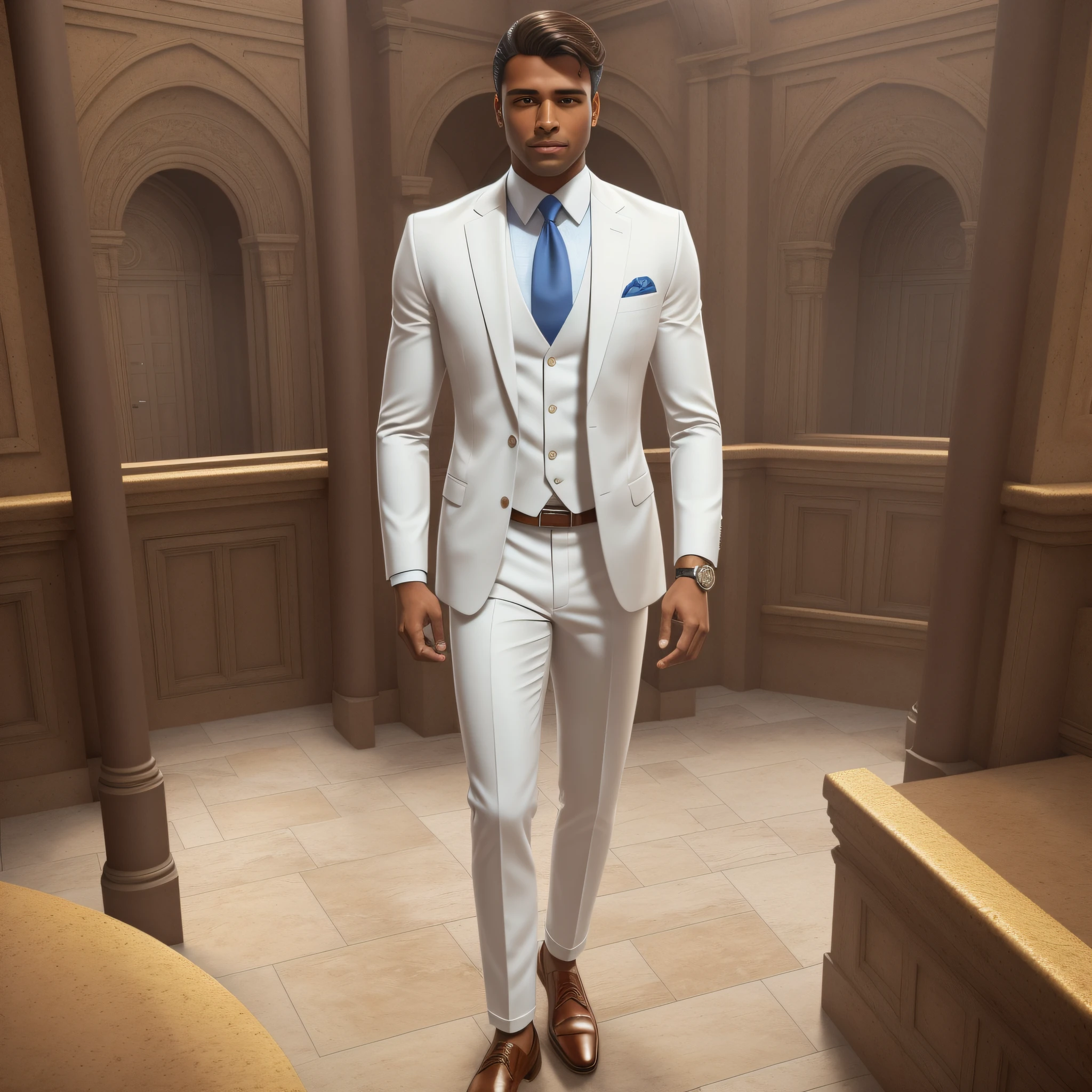 brown man, wearing a white suit with a blue tie, well-combed brown hair, wearing dress shoes, hazelnut-colored eyes, soft and seductive smile, gold watch on the right arm, no deformations on the body, face, arms, legs, fingers, and hair, no extra arms, extra legs, extra fingers, from outside, perspective,  ray tracing, Hyperrealism, 8k, high quality, high details, anatomically correct --auto --s2