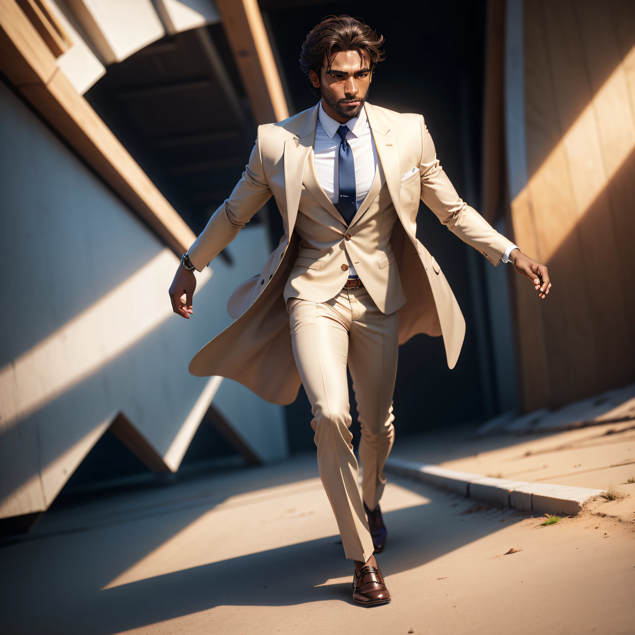 brown man, wearing a white suit with a blue tie, well-combed brown hair, wearing dress shoes, hazelnut-colored eyes, soft and seductive smile, gold watch on the right arm, no deformations on the body, face, arms, legs, fingers, and hair, no extra arms, extra legs, extra fingers, from outside, perspective,  ray tracing, Hyperrealism, 8k, high quality, high details, anatomically correct