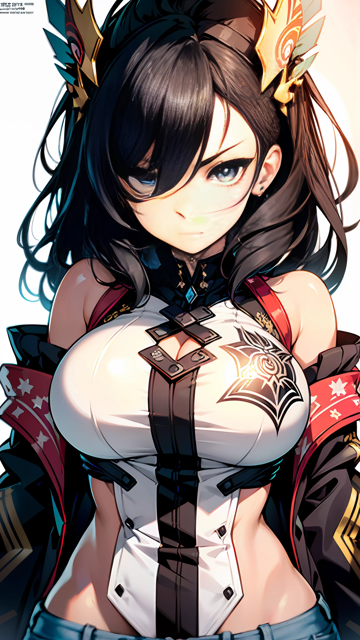 background, mixed-language_text, Japanese letters in graffit, Kelly Brook beautiful woman, long black hair, excellent lighting, sidelighting, perfect ultimate (flat color: 1.3), (magazine_cover: 1.4), (multicolored_background: 1.3), striped_background, card_background, :: discs with sharp and shiny blades in the hand :: circular pieces of white metals glued to the ultra detailed arms coming out sparkling glow, black star design stamped in the middle of the shirt , Perfect and detailed sculptural body, ultra detailed shirt with abstract design and with Japanese letter print in grafit of the sides of the clothing, worn jeans, big breast, with immersive effects, hover effect, background graffiti style tribal tattoo with flowers and vibrant colors, "ultra HDR" detailed and with focus effect, (masterpiece: 1.2, best quality), (beautiful eyes with huge eyelashes finely detailed: 1.2), , ((Solo)), (Finely detailed eyes and detailed face:1.3),