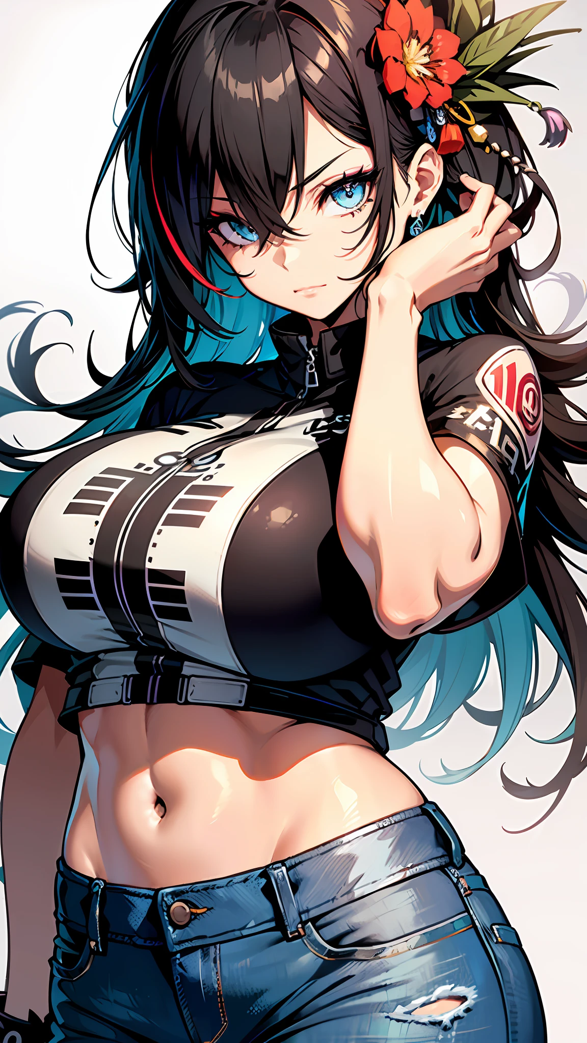 background, mixed-language_text, Japanese letters in graffit, Kelly Brook beautiful woman, long black hair, excellent lighting, sidelighting, perfect ultimate (flat color: 1.3), (magazine_cover: 1.4), (multicolored_background: 1.3), striped_background, card_background, :: discs with sharp and shiny blades in the hand :: circular pieces of white metals glued to the ultra detailed arms coming out sparkling glow, black star design stamped in the middle of the shirt ,  Perfect and detailed sculptural body, ultra detailed shirt with abstract design and with Japanese letter print in grafit of the sides of the clothing, worn jeans, big breast, with immersive effects, hover effect, background graffiti style tribal tattoo with flowers and vibrant colors, "ultra HDR" detailed and with focus effect, (masterpiece: 1.2, best quality), (beautiful eyes with huge eyelashes finely detailed:  1.2), , ((Solo)), (Finely detailed eyes and detailed face:1.3),