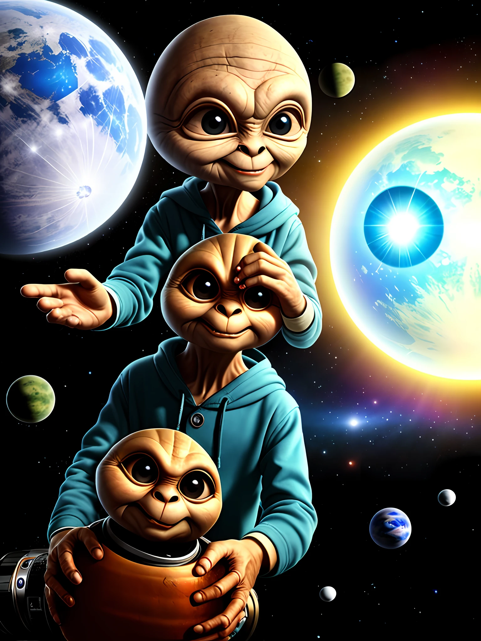 ET WITH EVIL FACE HOLDING A CAMERA IN HIS HAND SUPER REALISTIC, WITH A BACKGROUND OF THE UNIVERSE