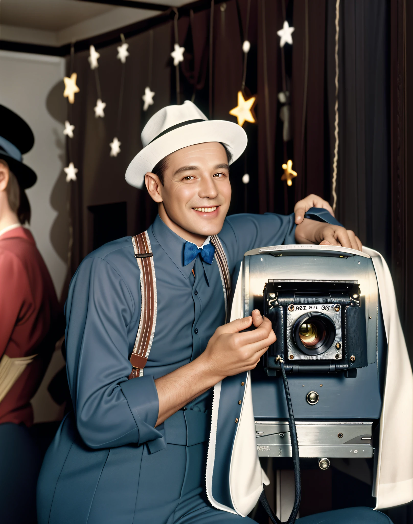 Use the same photo from the prompt or ControlNet: 1.6, Identical to reference photo: 1.7, man in suspenders and a hat holding a camera, 1 9 2 0 s film actor, while smiling for a photograph, graflex professional photography, Perfect hand: 1.5, 1 9 3 0 s film still, 1930s film still, very early stock of films,  smiling for the camera, smiling for the camera, smiling for the camera, television still