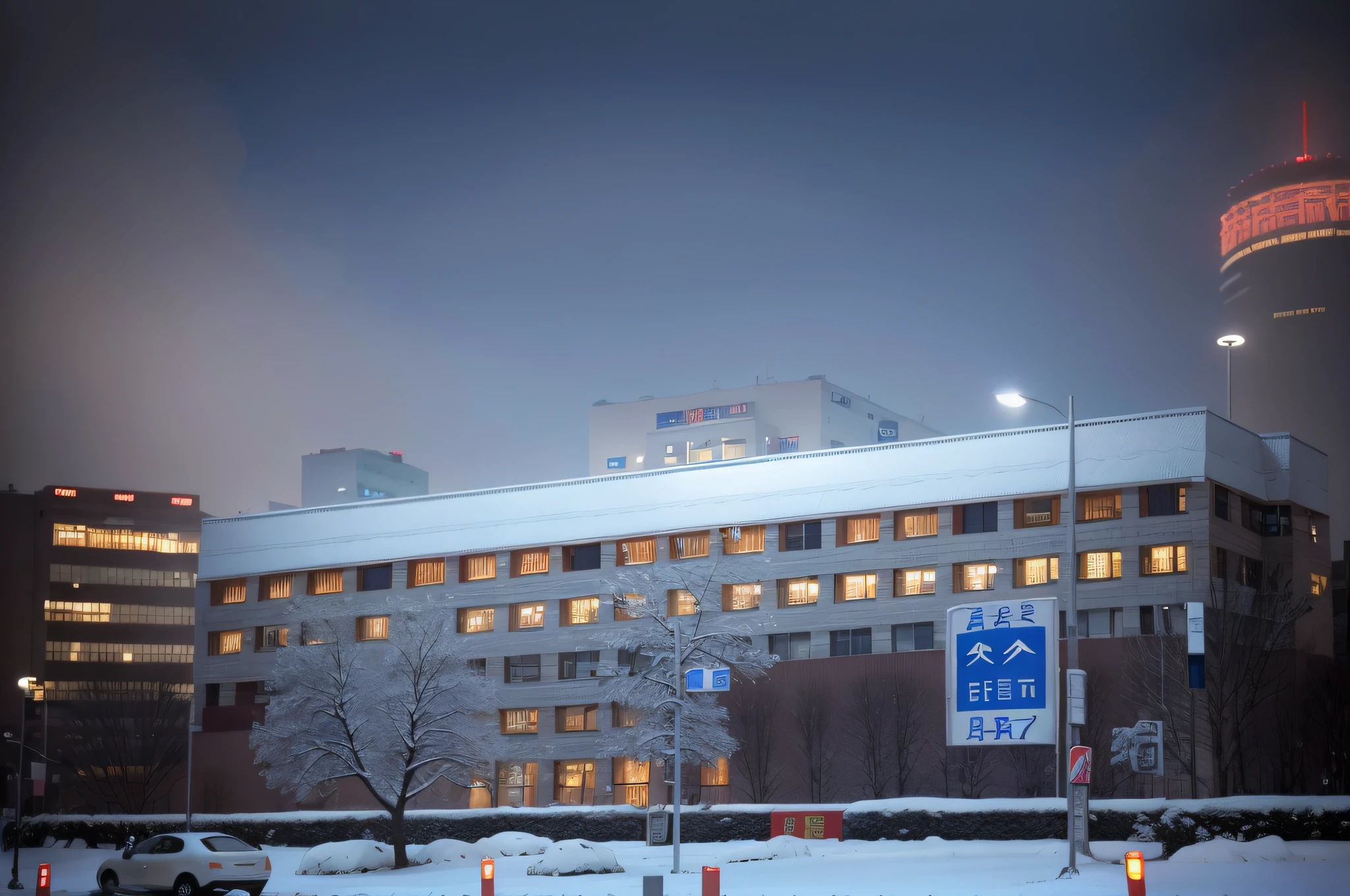 There is a blue street sign, in front of a building, hospital in the background, Beijing, hospital, medical complex, Jinshan, Shanghai, China Building, Ruan House, Hwaseong, high resolution photo, high resolution, snow scene, snow on the building