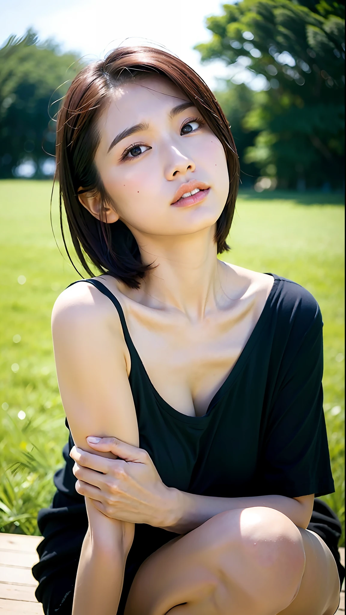 (Best Quality, 8k, 32k, Masterpiece, UHD: 1.2), Cute Japan Woman Photos, Black Short Hair, Beautiful Face, (Slouch: 1.3), Squatting, (From Top: 1.2), (Close-Up: 1.4), POV, Loose T-shirt, Big Breasts, (Beautiful Nipple Slip: 0.9), (Photorealistic: 1.35), Outdoor, Wind, Glossy Skin, Blurry Background,