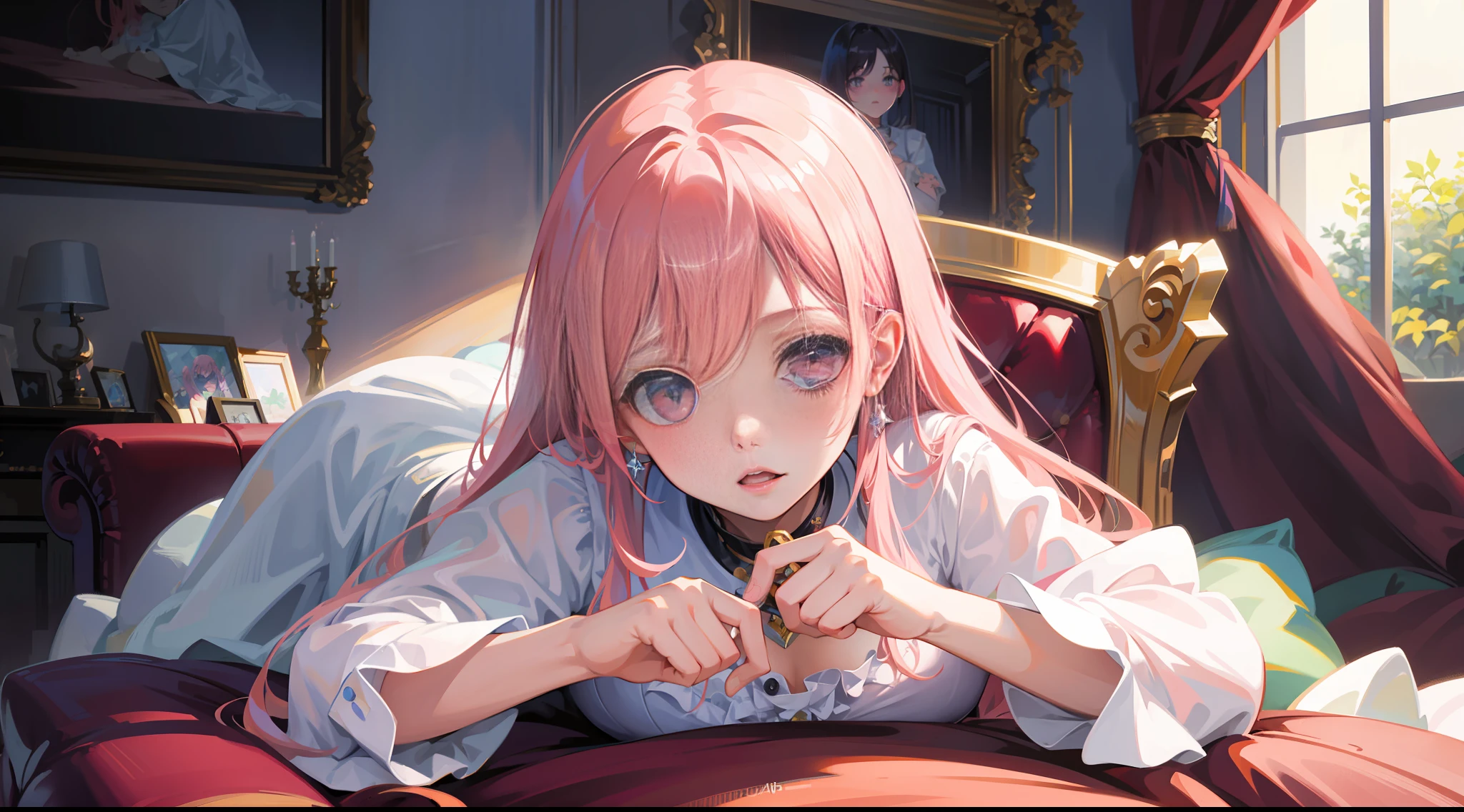 Masterpiece, best quality, super detailed, illustration, beautiful detailed eyes, close up, 1 girl, pink hair, white dress, panic, lying on sofa, panicked expression