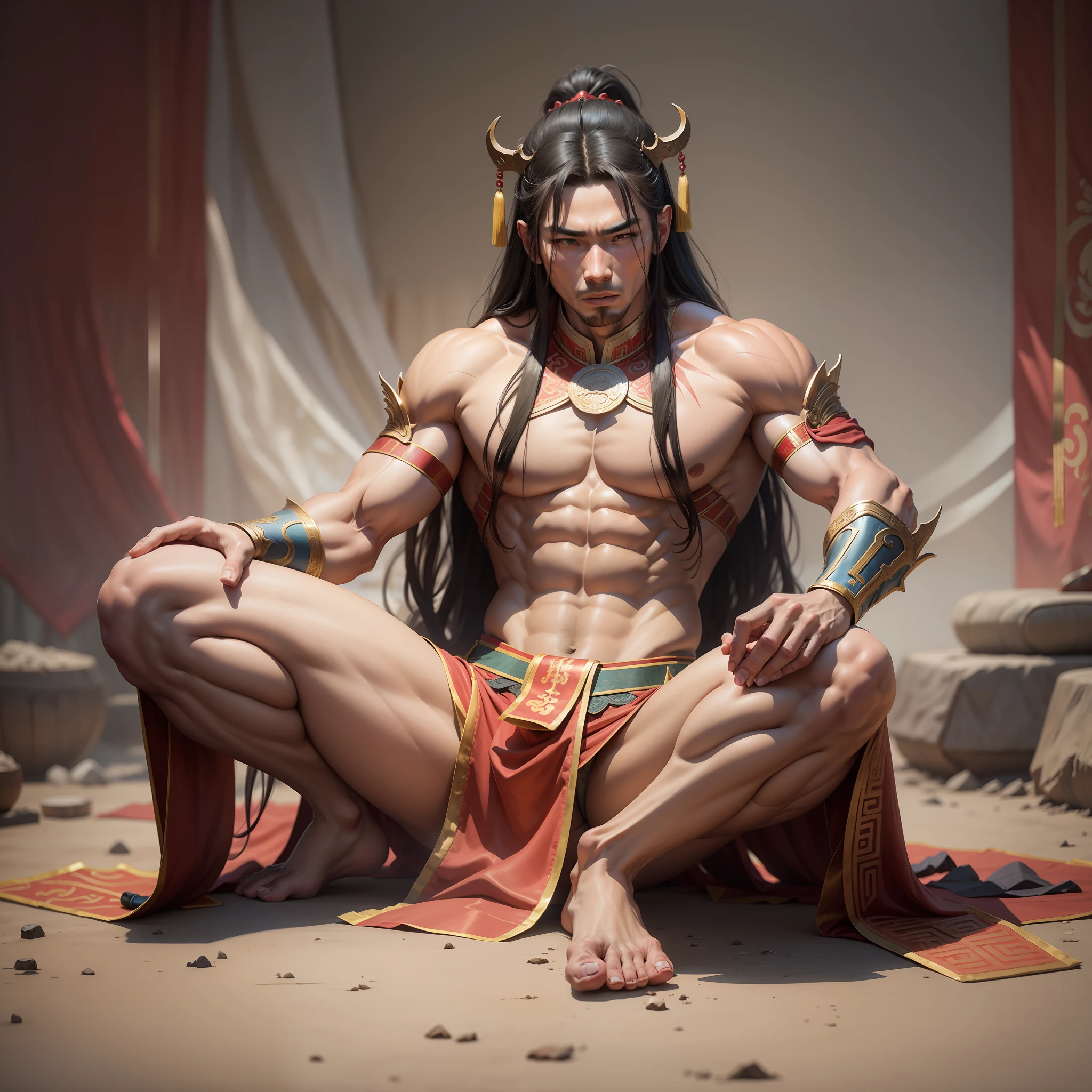 Realistic,Hot muscular Male concubine in the Han dynasty on his knees with legs spread apart, wearing ancient revealing Chinese dress with long hair and masculine features.Battle scars
