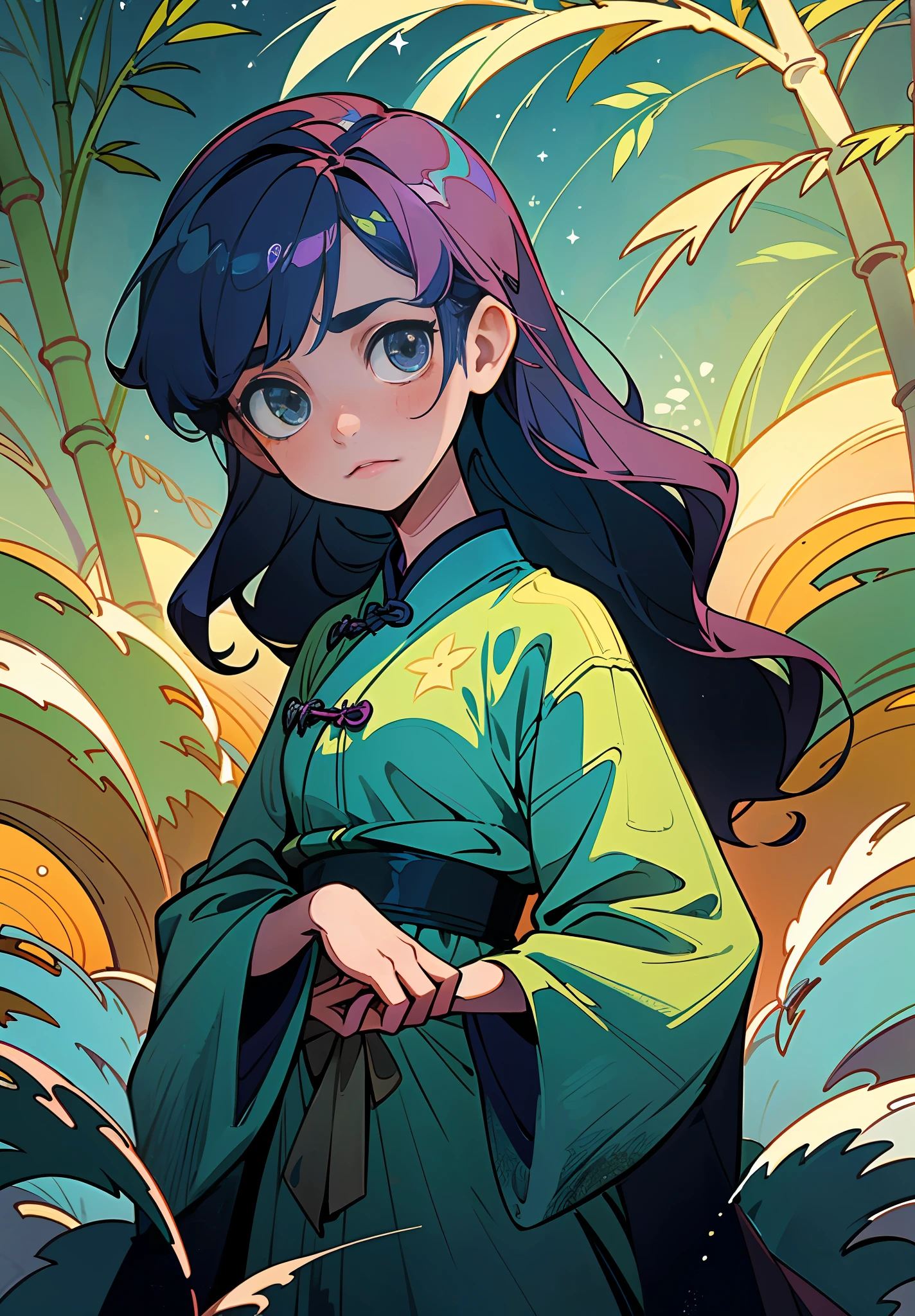 (extremely detailed CG unity 8k wallpaper), masterpiece, best quality, super detailed, hand details, facial details, delicate makeup, 1 girl, in this cold autumn night, a mysterious and leisurely bamboo forest scene, a young girl wearing a light veil with a sad face standing on the bridge. She stared at the stream quietly, as if thinking about something. A creek babbling, a sea of clouds and a starry sky intertwined, and an antique bridge spans it, under which a few fallen leaves and bamboo leaves float. Starlight dotted in this secluded bamboo forest adds infinite spirituality to this beautiful scene. The whole scene presents low-saturation colors, with gray blue, light gray, dark green, dark green, dark purple and dark blue as the main tones, giving people a cool, aesthetic and elegant feeling. This color also provides an ideal basis for expressing mysterious, psychedelic emotions. The style of this scene can be described as antique, fairy, ink painting and landscape mood. They all have the characteristics of traditional Chinese culture, and they are very good at depicting the artistic conception of mountains and rivers, and combine them with fairy tale elements to show an otherworldly temperament. At the same time, the painting also presents the artistic style of ink painting, making the whole scene more elegant and poetic. The girl's sad emotions reflect the whole painting, which makes people have endless reverie. Her dress also reflects the beauty, elegance and antique of the whole painting, adding a bit of tenderness and warmth to the whole painting