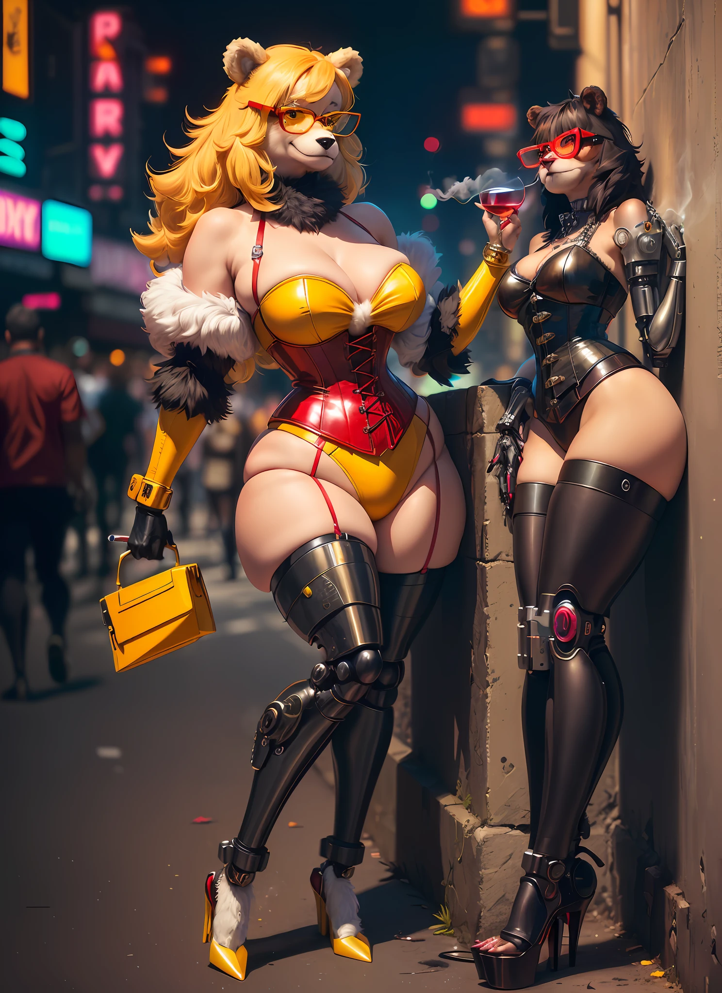 ((furry: 1.2)) (anthropomorphic bear, female, seductive look, red corset and wine, auto heel) , ((furry:1.2)), ((leaning against a wall smoking a cigarette), ((cybernetic chin)), crowded street background, cyberpunk neon sign night, (yellow glasses),