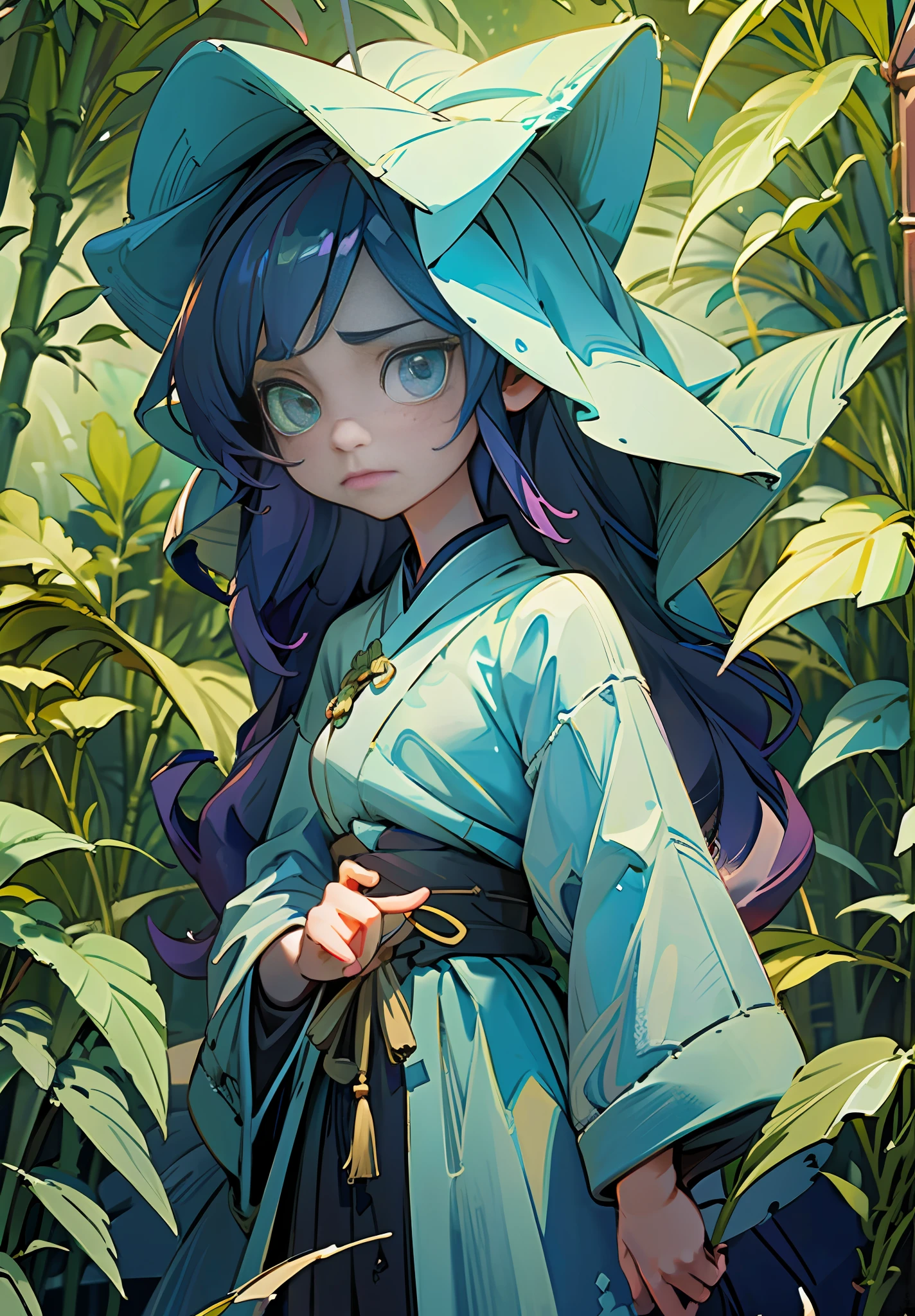 (Extremely detailed CG unity 8k wallpaper), masterpiece, best quality, super detailed, 1 girl, on this cold autumn night, a mysterious and leisurely bamboo forest scene, a young girl wearing a light veil with a sad face standing on the bridge. She stared at the stream quietly, as if thinking about something. A creek babbling, a sea of clouds and a starry sky intertwined, and an antique bridge spans it, under which a few fallen leaves and bamboo leaves float. Starlight dotted in this secluded bamboo forest adds infinite spirituality to this beautiful scene. The whole scene presents low-saturation colors, with gray blue, light gray, dark green, dark green, dark purple and dark blue as the main tones, giving people a cool, aesthetic and elegant feeling. This color also provides an ideal basis for expressing mysterious, psychedelic emotions. The style of this scene can be described as antique, fairy, ink painting and landscape mood. They all have the characteristics of traditional Chinese culture, and they are very good at depicting the artistic conception of mountains and rivers, and combine them with fairy tale elements to show an otherworldly temperament. At the same time, the painting also presents the artistic style of ink painting, making the whole scene more elegant and poetic. The girl's sad emotions reflect the whole painting, which makes people have endless reverie. Her dress also reflects the beauty, elegance and antique of the whole painting, adding a bit of tenderness and warmth to the whole painting