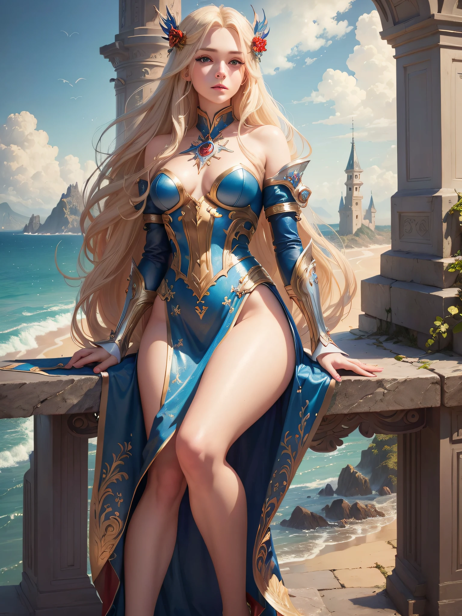 ((best quality)), ((masterpiece)), (detailed) long blonde hair, ethereal beauty, (fantasy illustration: 1.3), charming look, captivating pose, fabulous and beautiful red and blue leather clothing, sea landscape, full-body view, super hero, brown eyes, looking away