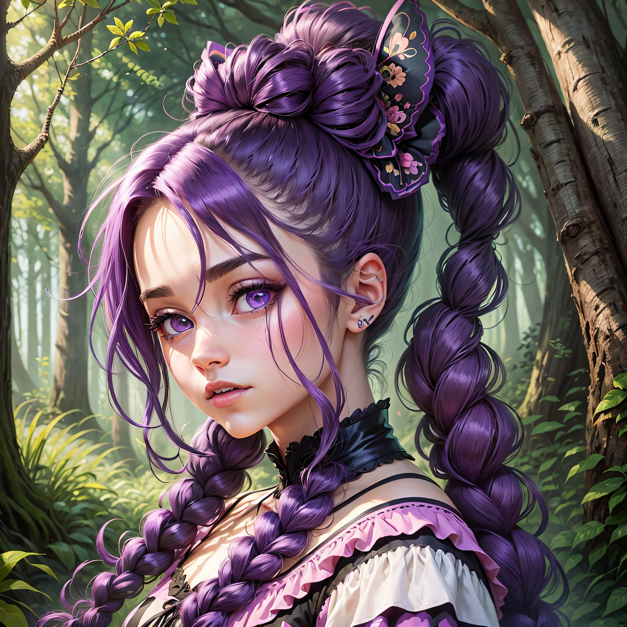 Oba game character, ponytail hair, part purple hair and part black, has a pink bow around her neck, wears a dark purple dress, her dress has pink embroidered highlights, gorgeous eyes, dark brown eyes, 8k, holding a wand with a pink crystal glow at the tip, her hair has two colors black and purple, She's flying, a monster next to her has only one mouth and it's hairy, her hair is two braids up, looking forward with a mischievous look, she's in a magical forest. --auto --s2