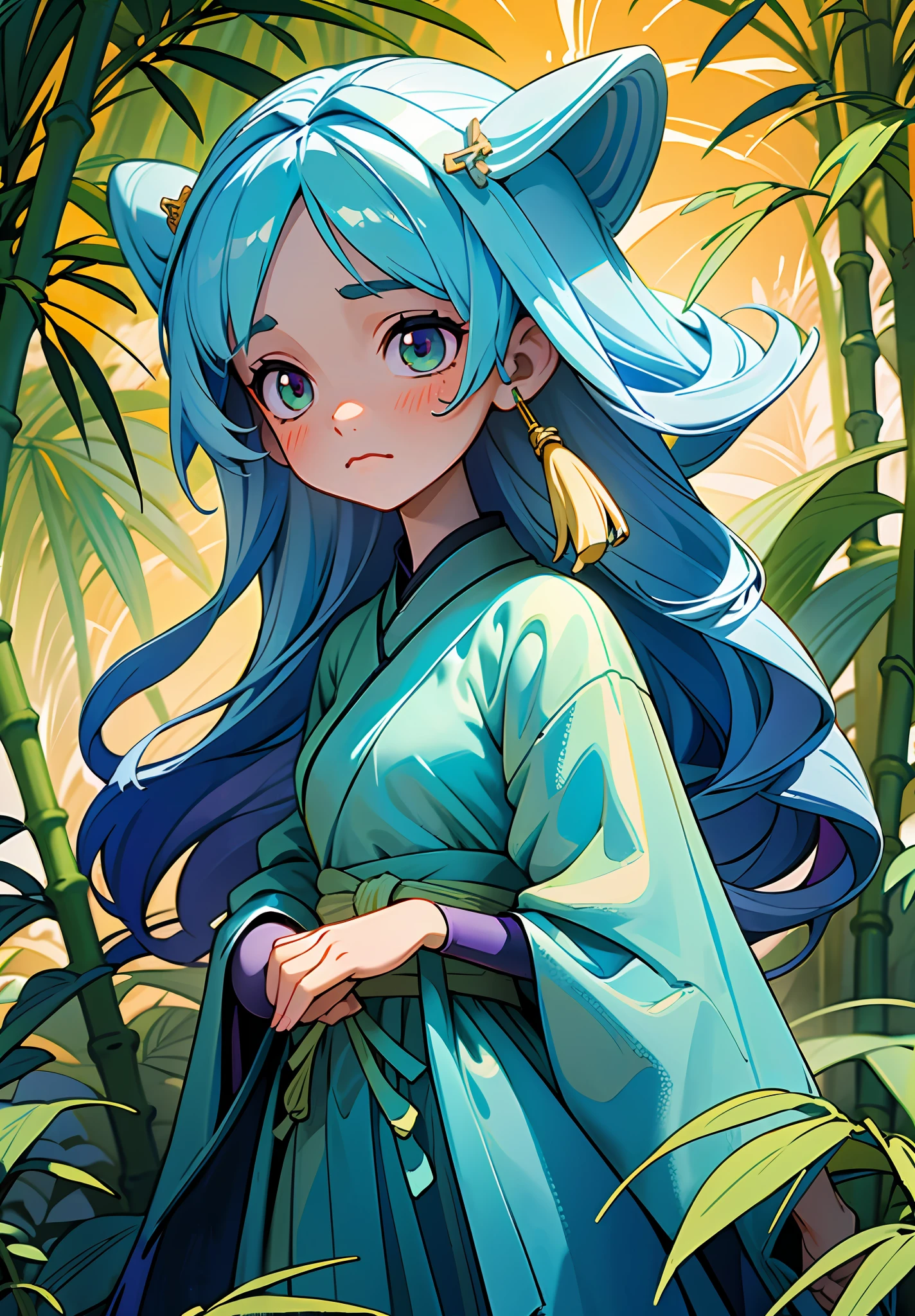 (Extremely detailed CG unity 8k wallpaper), masterpiece, best quality, super detailed, 1 girl, on this cold autumn night, a mysterious and leisurely bamboo forest scene, a young girl wearing a light veil with a sad face standing on the bridge. She stared at the stream quietly, as if thinking about something. A creek babbling, a sea of clouds and a starry sky intertwined, and an antique bridge spans it, under which a few fallen leaves and bamboo leaves float. Starlight dotted in this secluded bamboo forest adds infinite spirituality to this beautiful scene. The whole scene presents low-saturation colors, with gray blue, light gray, dark green, dark green, dark purple and dark blue as the main tones, giving people a cool, aesthetic and elegant feeling. This color also provides an ideal basis for expressing mysterious, psychedelic emotions. The style of this scene can be described as antique, fairy, ink painting and landscape mood. They all have the characteristics of traditional Chinese culture, and they are very good at depicting the artistic conception of mountains and rivers, and combine them with fairy tale elements to show an otherworldly temperament. At the same time, the painting also presents the artistic style of ink painting, making the whole scene more elegant and poetic. The girl's sad emotions reflect the whole painting, which makes people have endless reverie. Her dress also reflects the beauty, elegance and antique of the whole painting, adding a bit of tenderness and warmth to the whole painting