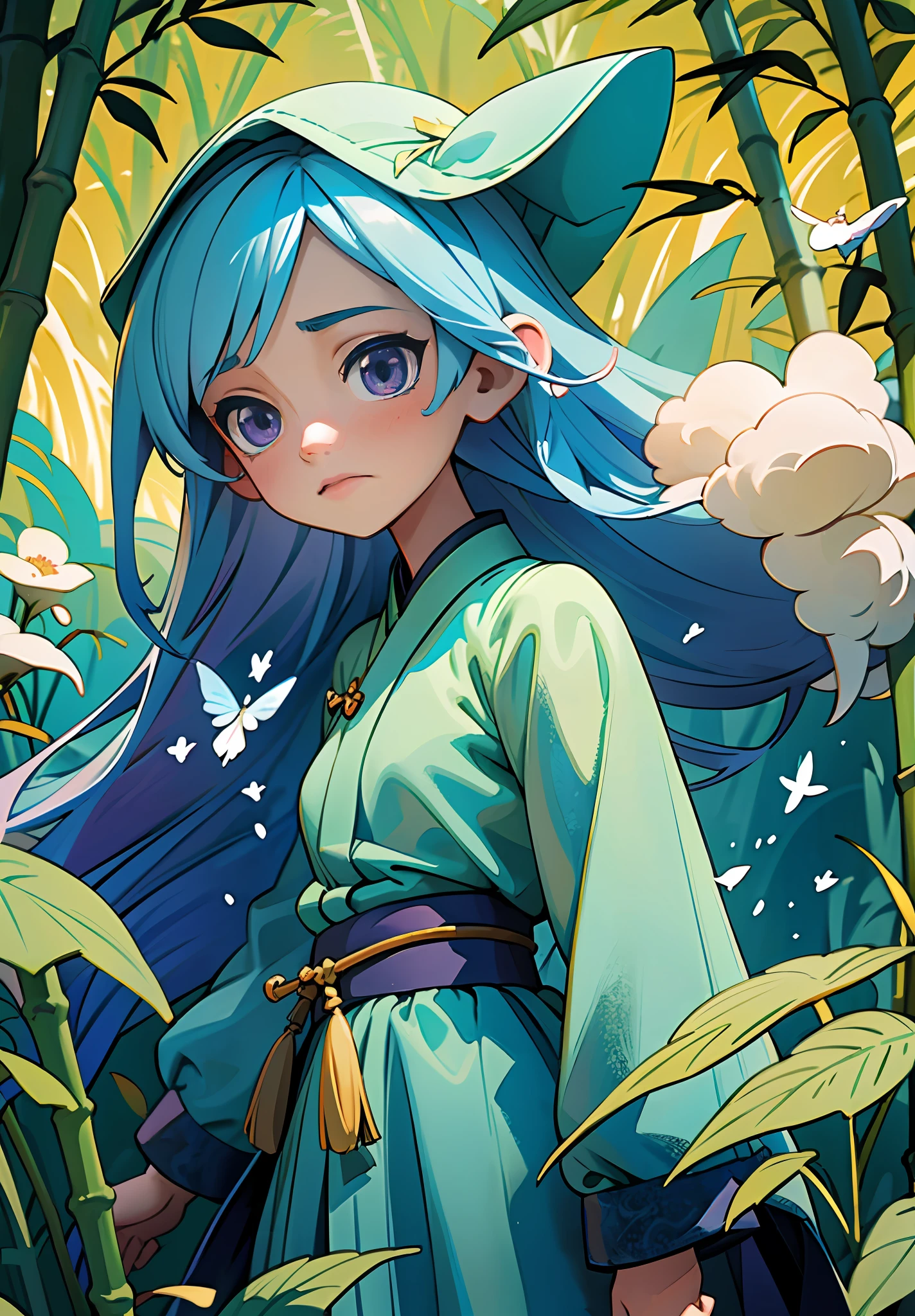 Masterpiece, Best Quality, Ultra Detailed, 1 Girl, on this cold autumn night, a mysterious and leisurely bamboo forest scene, a young girl wearing a light veil and a sad face stands on the bridge. She stared at the stream quietly, as if thinking about something. A creek babbling, a sea of clouds and a starry sky intertwined, and an antique bridge spans it, under which a few fallen leaves and bamboo leaves float. Starlight dotted in this secluded bamboo forest adds infinite spirituality to this beautiful scene. The whole scene presents low-saturation colors, with gray blue, light gray, dark green, dark green, dark purple and dark blue as the main tones, giving people a cool, aesthetic and elegant feeling. This color also provides an ideal basis for expressing mysterious, psychedelic emotions. The style of this scene can be described as antique, fairy, ink painting and landscape mood. They all have the characteristics of traditional Chinese culture, and they are very good at depicting the artistic conception of mountains and rivers, and combine them with fairy tale elements to show an otherworldly temperament. At the same time, the painting also presents the artistic style of ink painting, making the whole scene more elegant and poetic. The girl's sad emotions reflect the whole painting, which makes people have endless reverie. Her dress also reflects the beauty, elegance and antique of the whole painting, adding a bit of tenderness and warmth to the whole painting