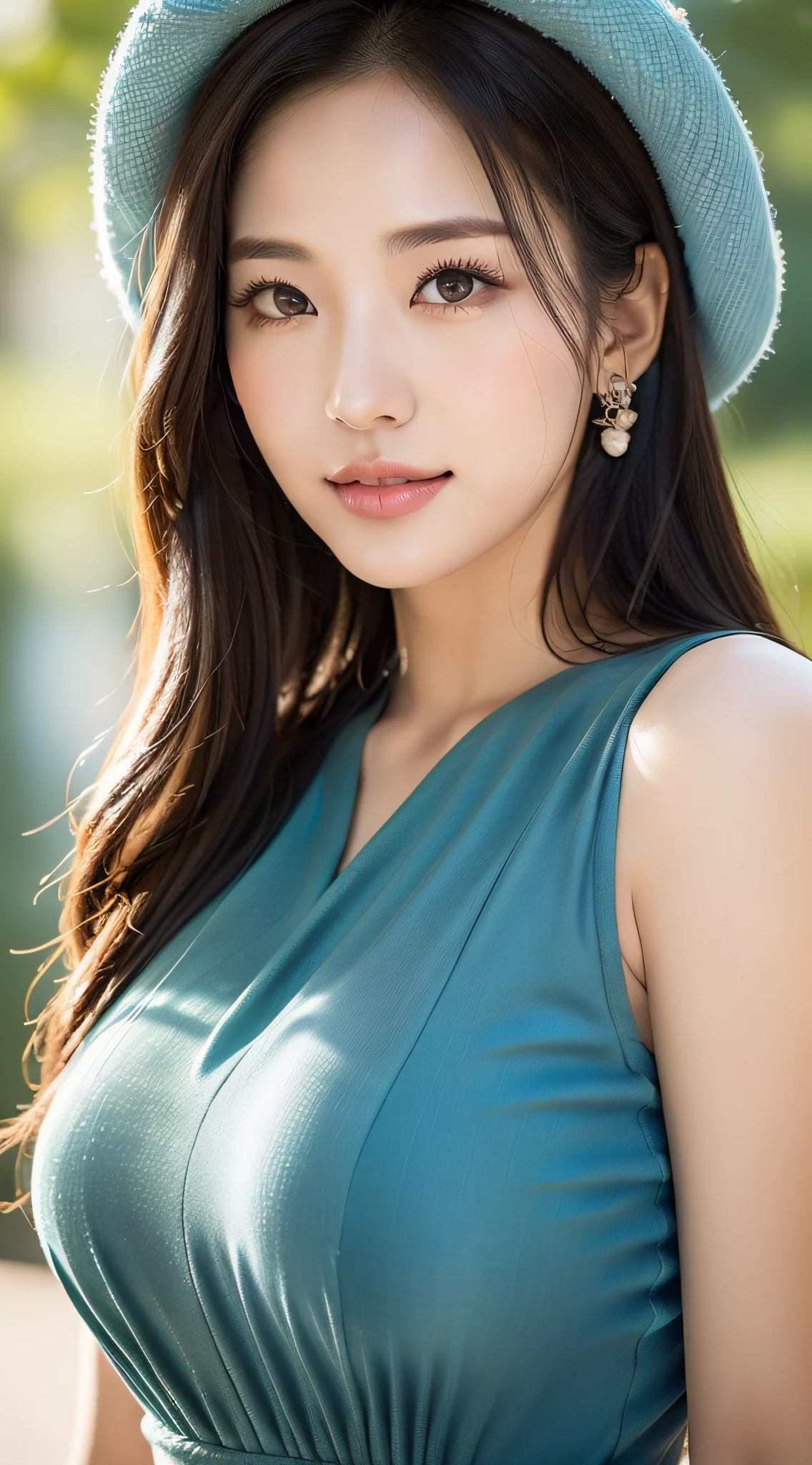 Korean women, goddess, perfect body, upper body, ball head, detailed skin texture and fabric texture, detailed eye texture, detailed eyeball, long eyelashes, fine eyelashes close-up, double eyelids, light smile, 8k, highest quality, masterpiece, super high resolution: 1.2, draped fabric, beautiful female photo with elegant style theme, Aarafi woman wearing fisherman hat, sky blue dress, photography mode, upper body, soft fabric, fine fabric texture, dress, fluent dress, Elegant dress, elegant dress, wearing dress, elegant dress, wearing dress,
